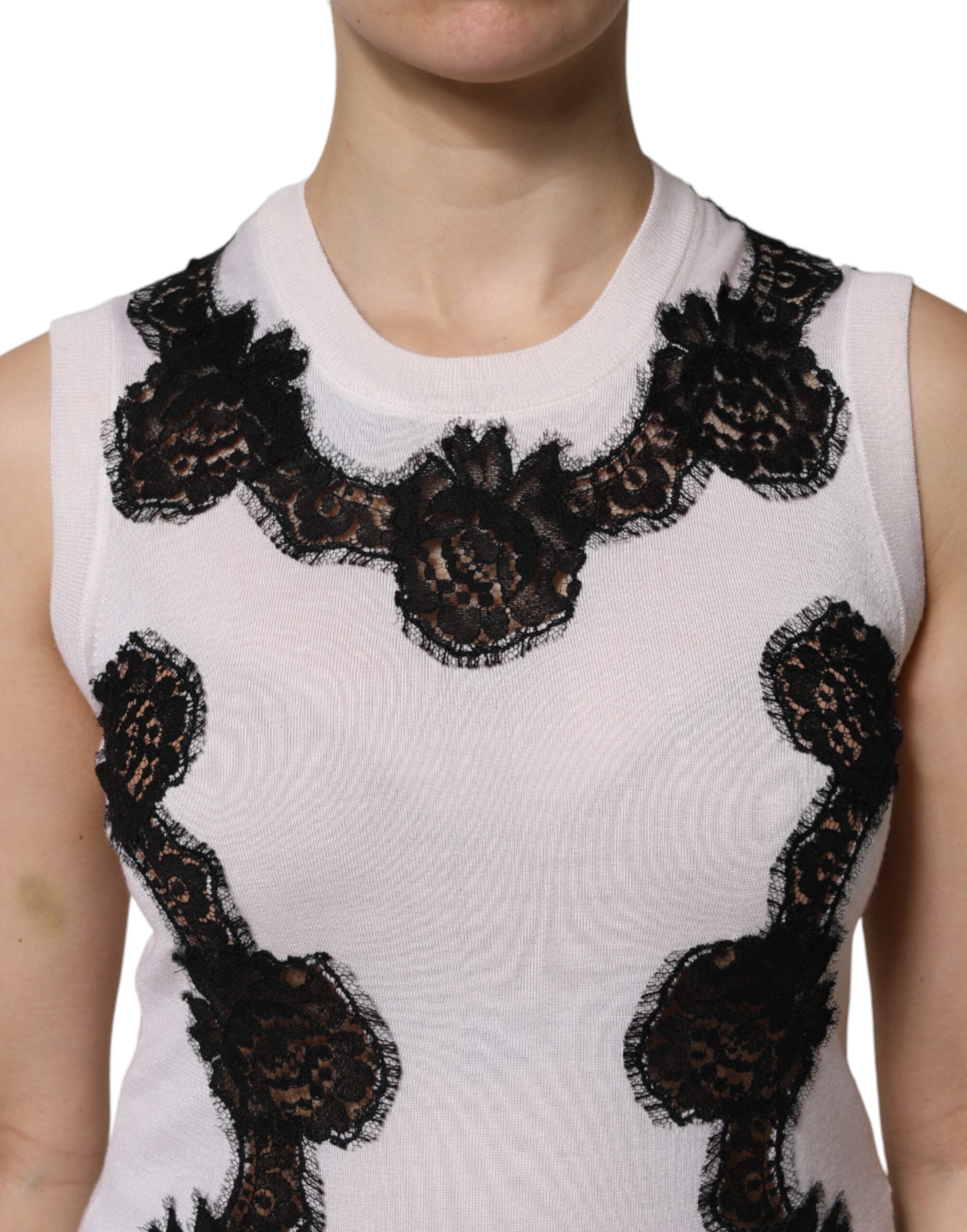 Dolce & Gabbana White Cashmere Floral Lace Detailing Tank Top