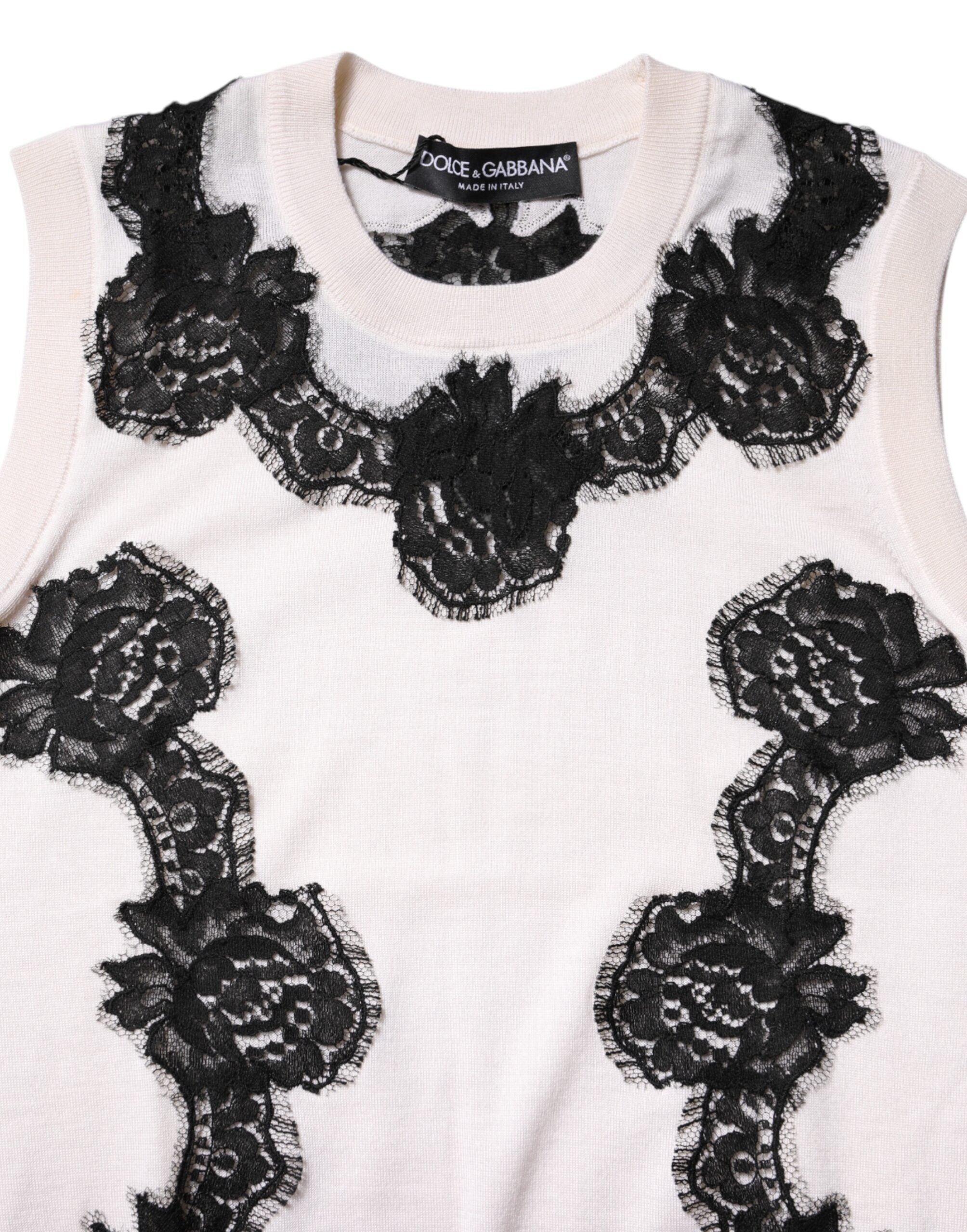 Dolce & Gabbana White Cashmere Floral Lace Detailing Tank Top
