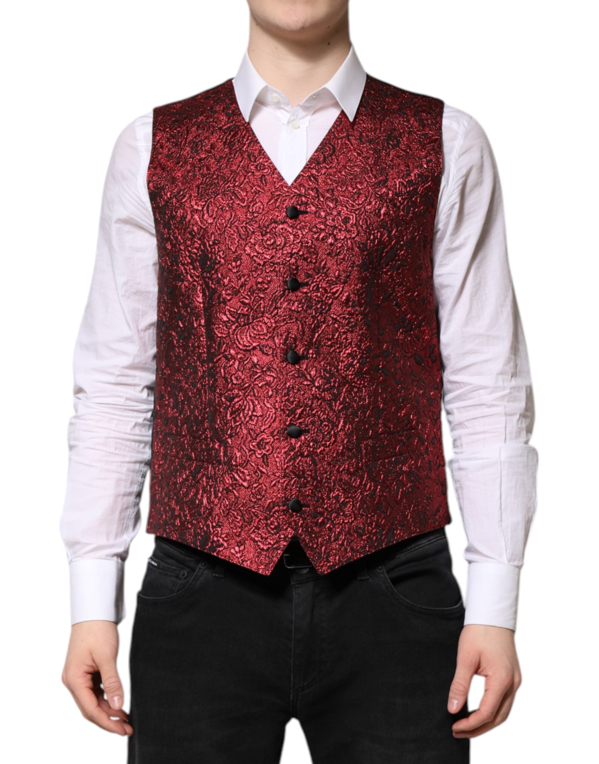 Gilet habillé en brocart floral rouge Dolce & Gabbana pour homme