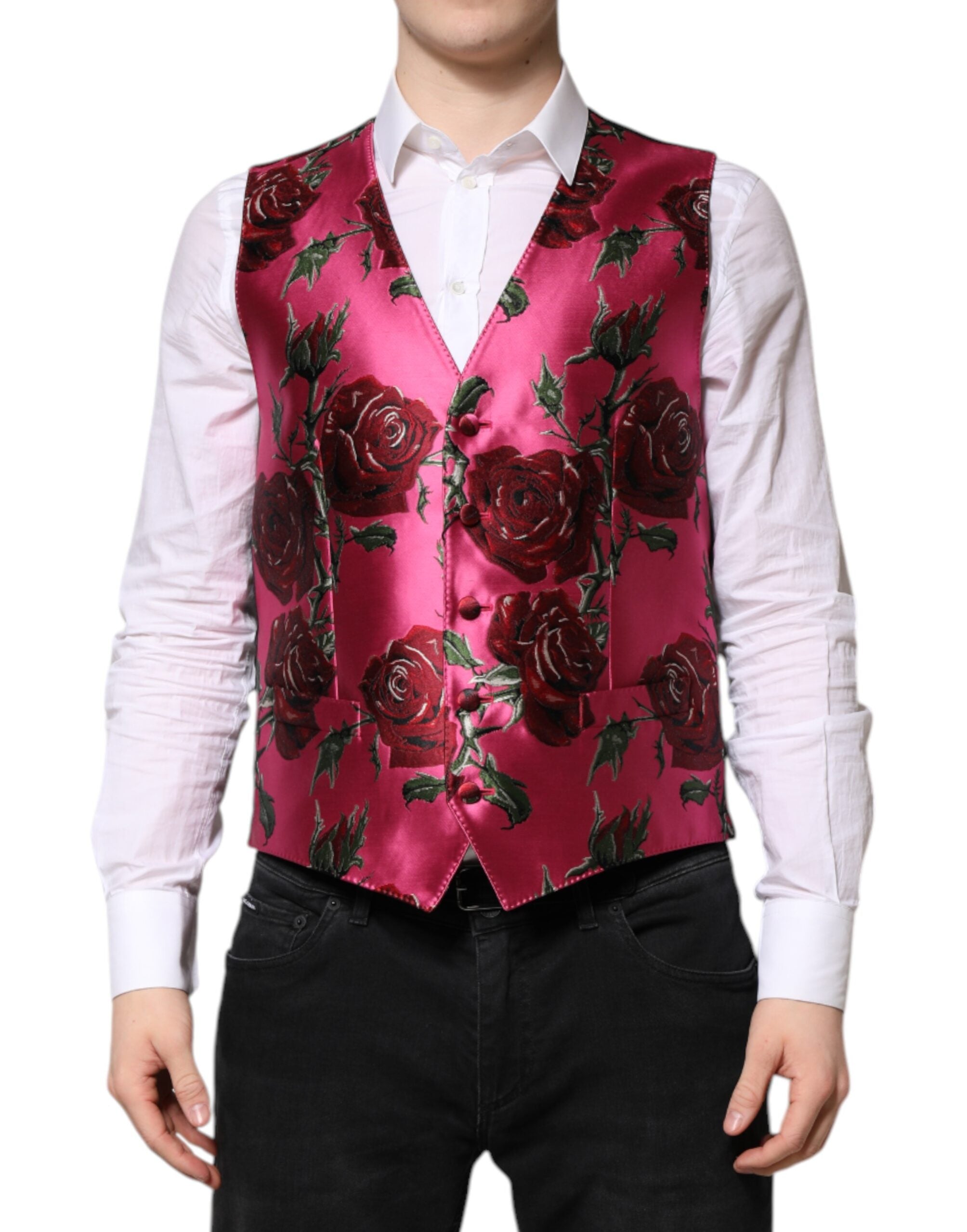 Gilet de costume en satin à fleurs roses Dolce & Gabbana pour homme