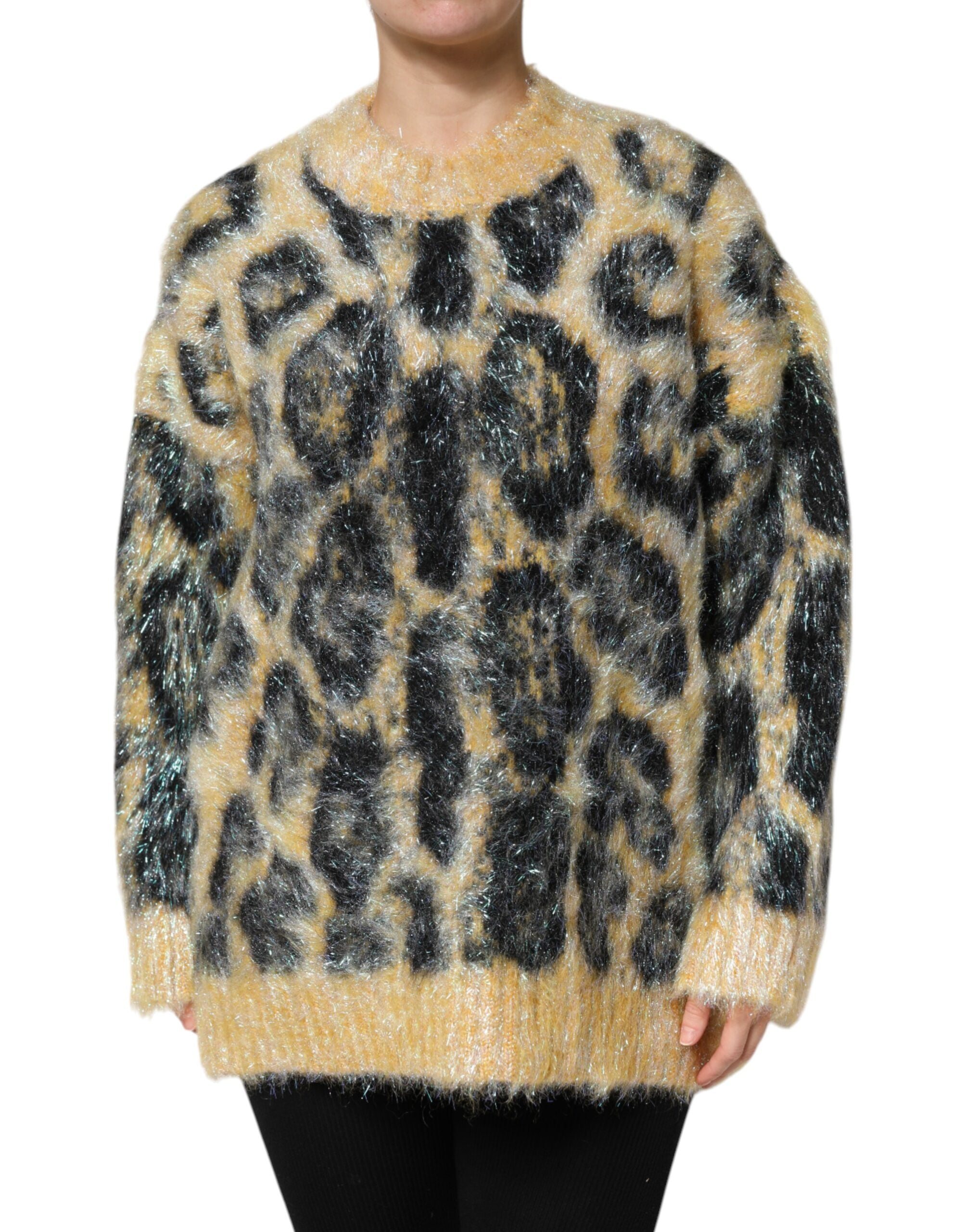 Dolce & Gabbana Mehrfarbiger Rundhalspullover aus Mohair mit Leopardenmuster