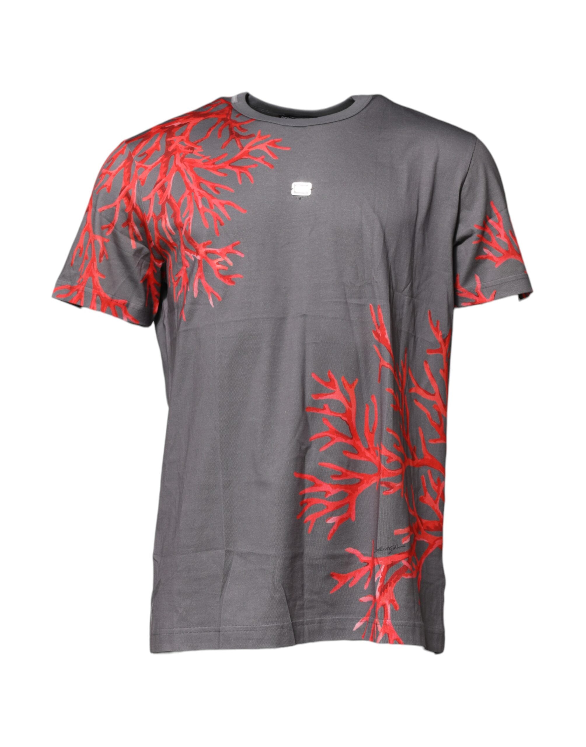Dolce & Gabbana – T-Shirt mit Logo-Plakette und Korallenprint aus grauer Baumwolle