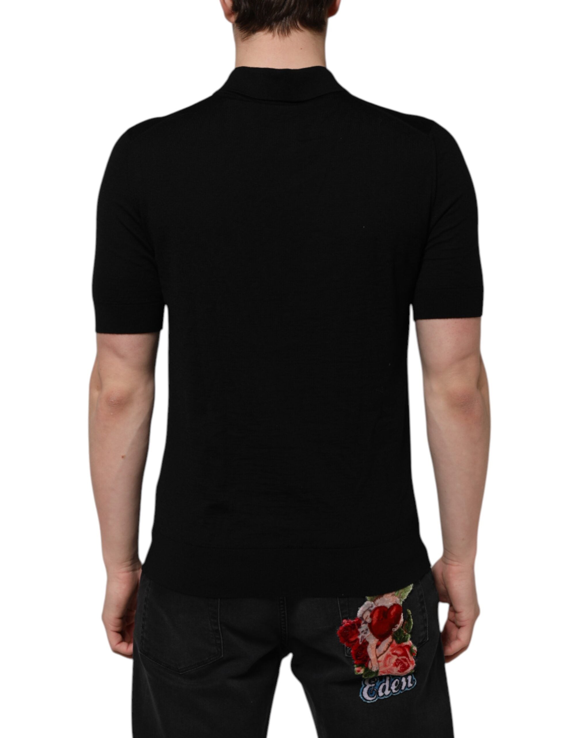 Dolce & Gabbana Black Wool DG Logo Rose Collared Polo T-shirt