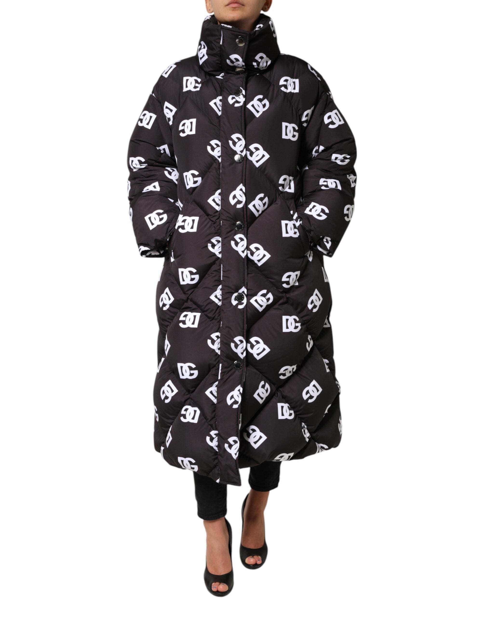Dolce & Gabbana – Schwarze, gesteppte DG Mania-Pufferjacke in Langmantelform