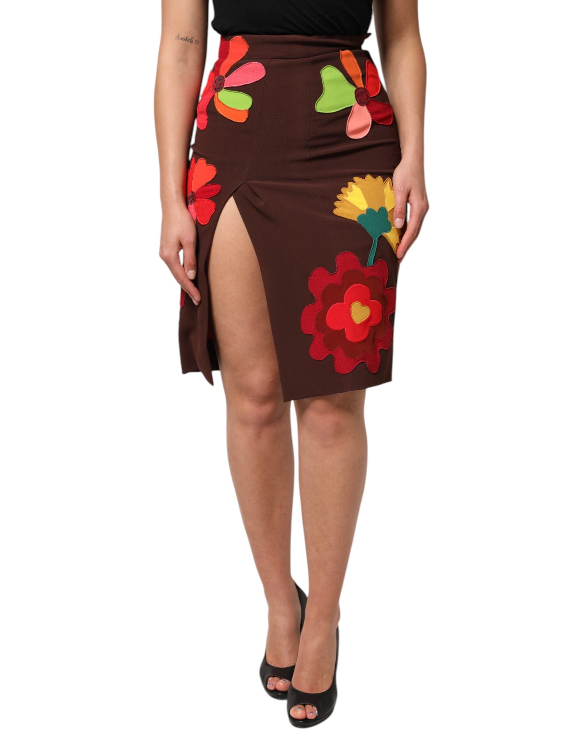 Dolce & Gabbana – Brauner Rock mit Blumenmuster und hoher Taille und Seitenschlitz