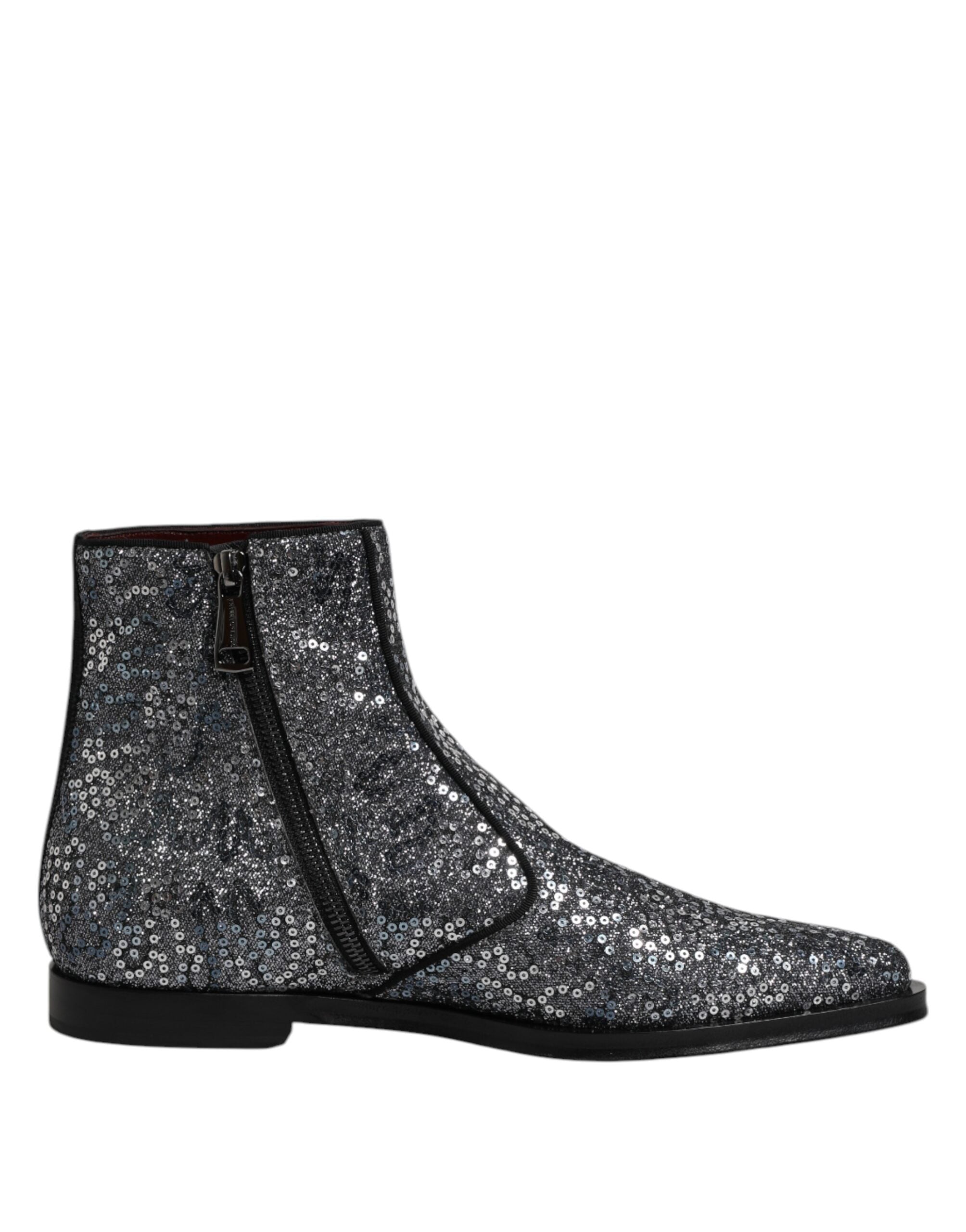 Dolce & Gabbana Dunkelgraue Chelsea-Stiefel aus Baumwolle mit Pailletten