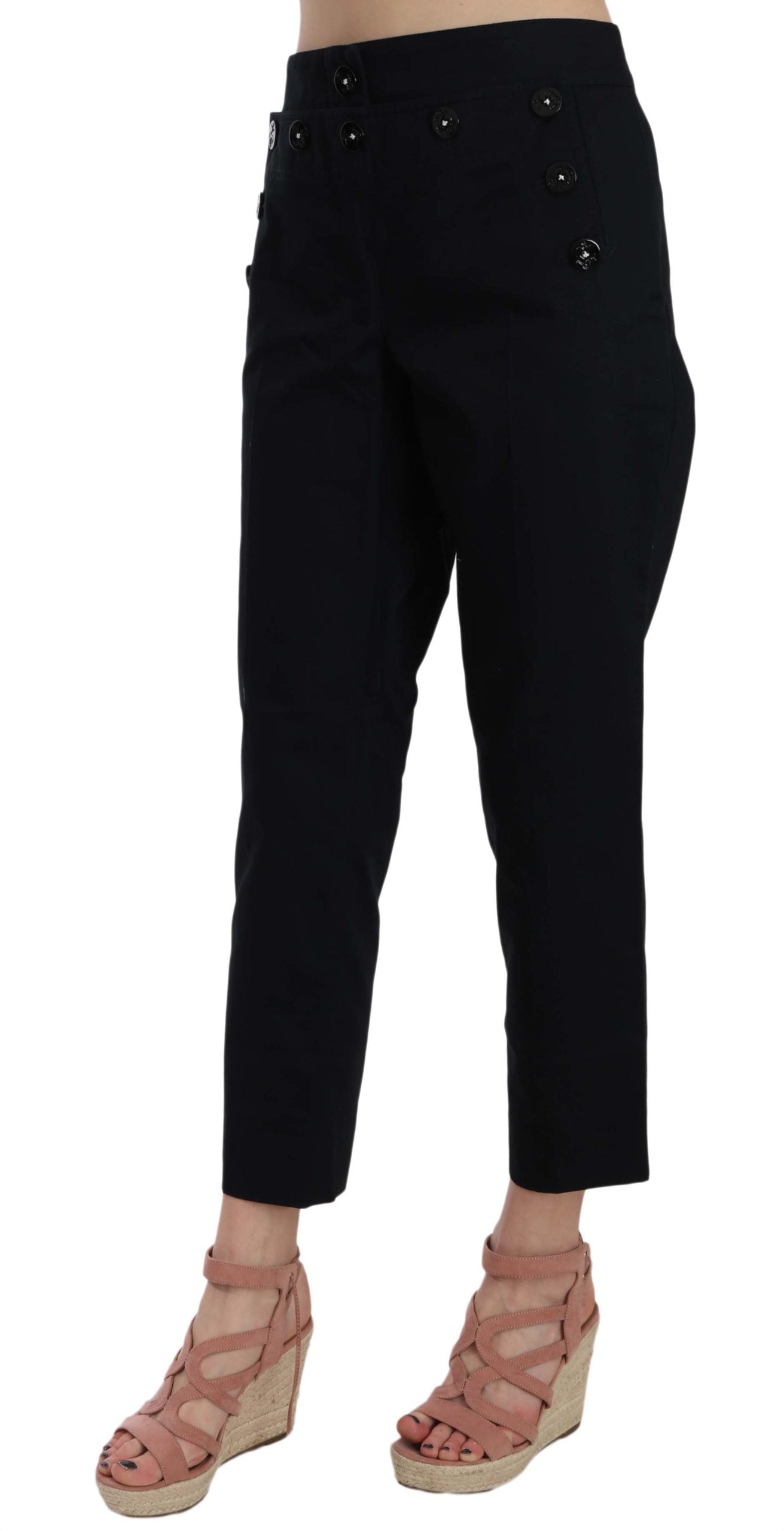Dolce & Gabbana Black Cropped Front Button Embellished Pants