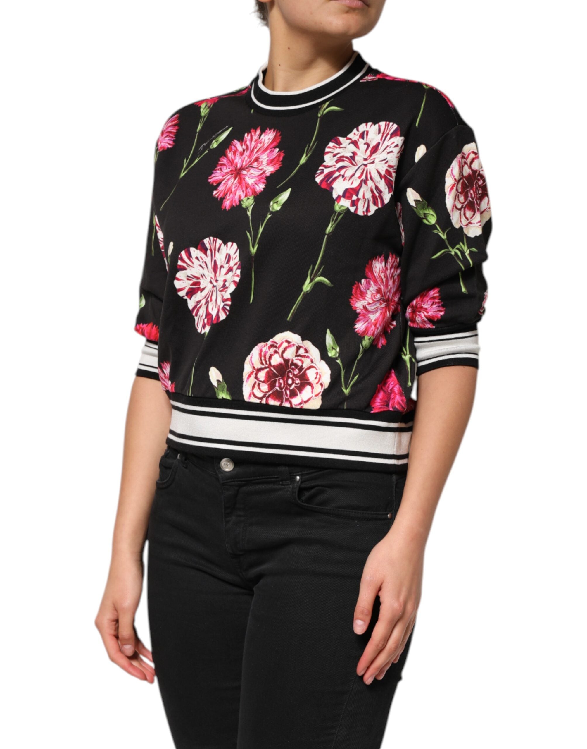 Dolce & Gabbana Black Floral Print Cotton Short Sleeves Top