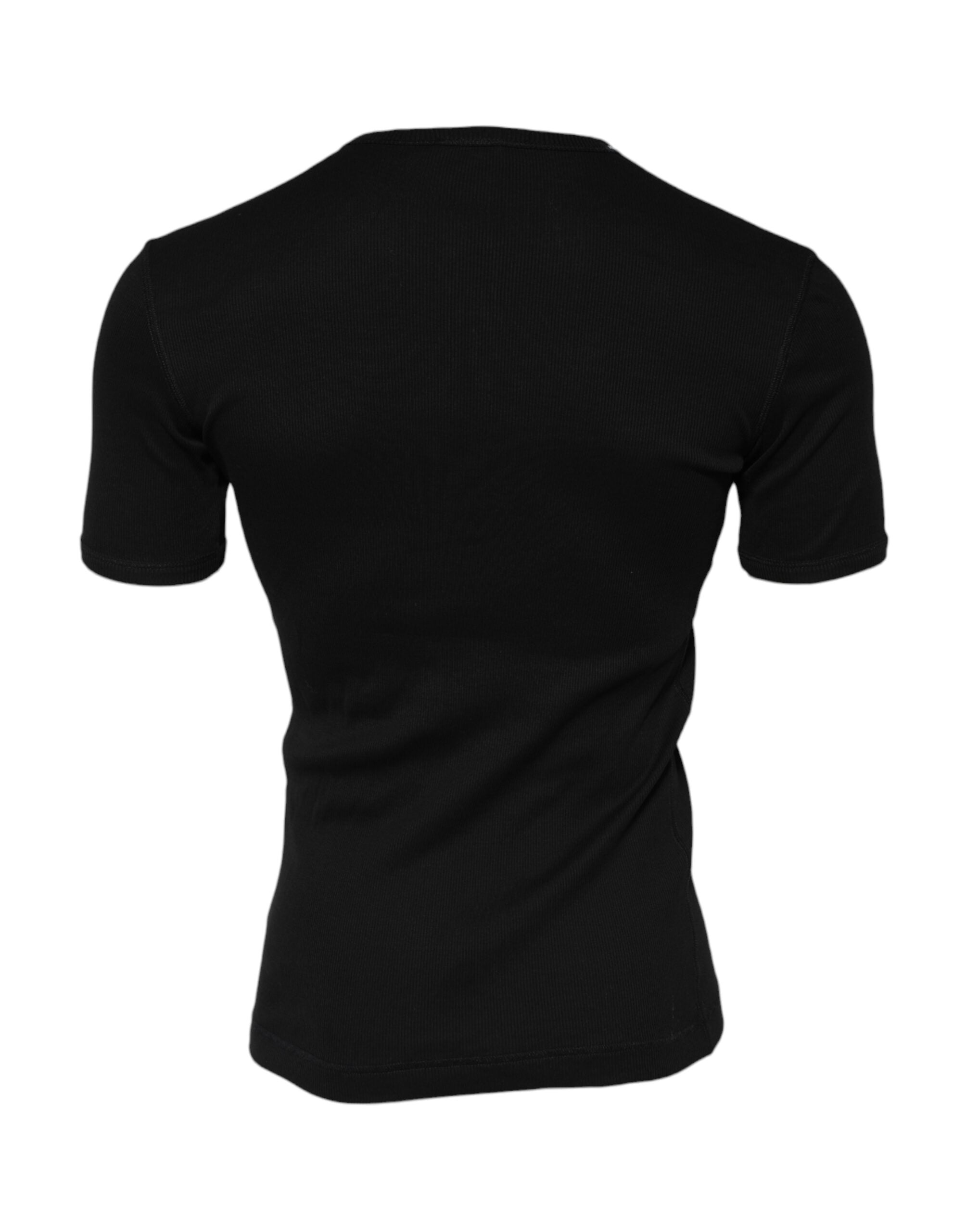Dolce & Gabbana Black Cotton Knit Crew Neck Henley T-shirt