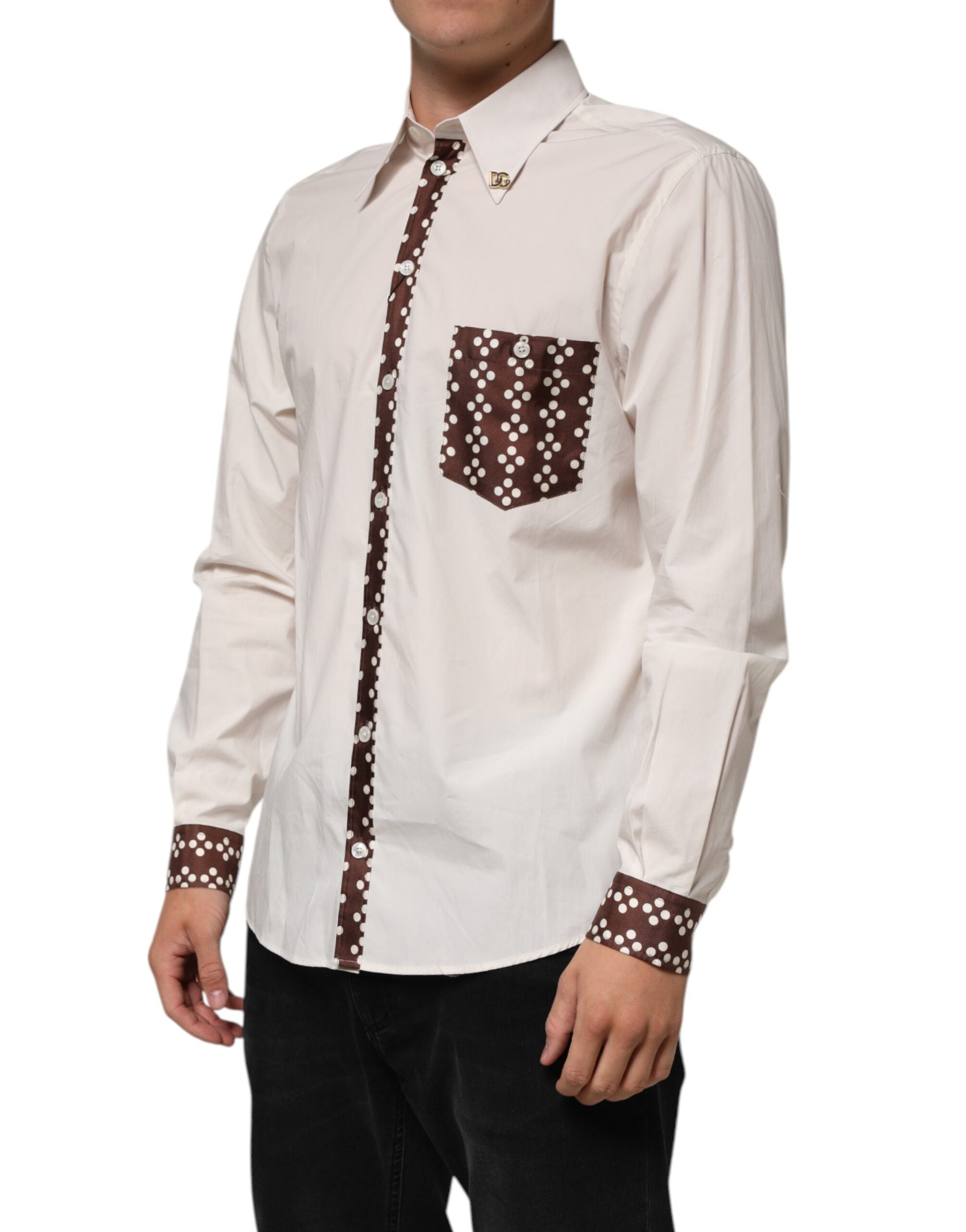 Dolce & Gabbana Cream White Cotton Polka Dot Slim Fit Shirt