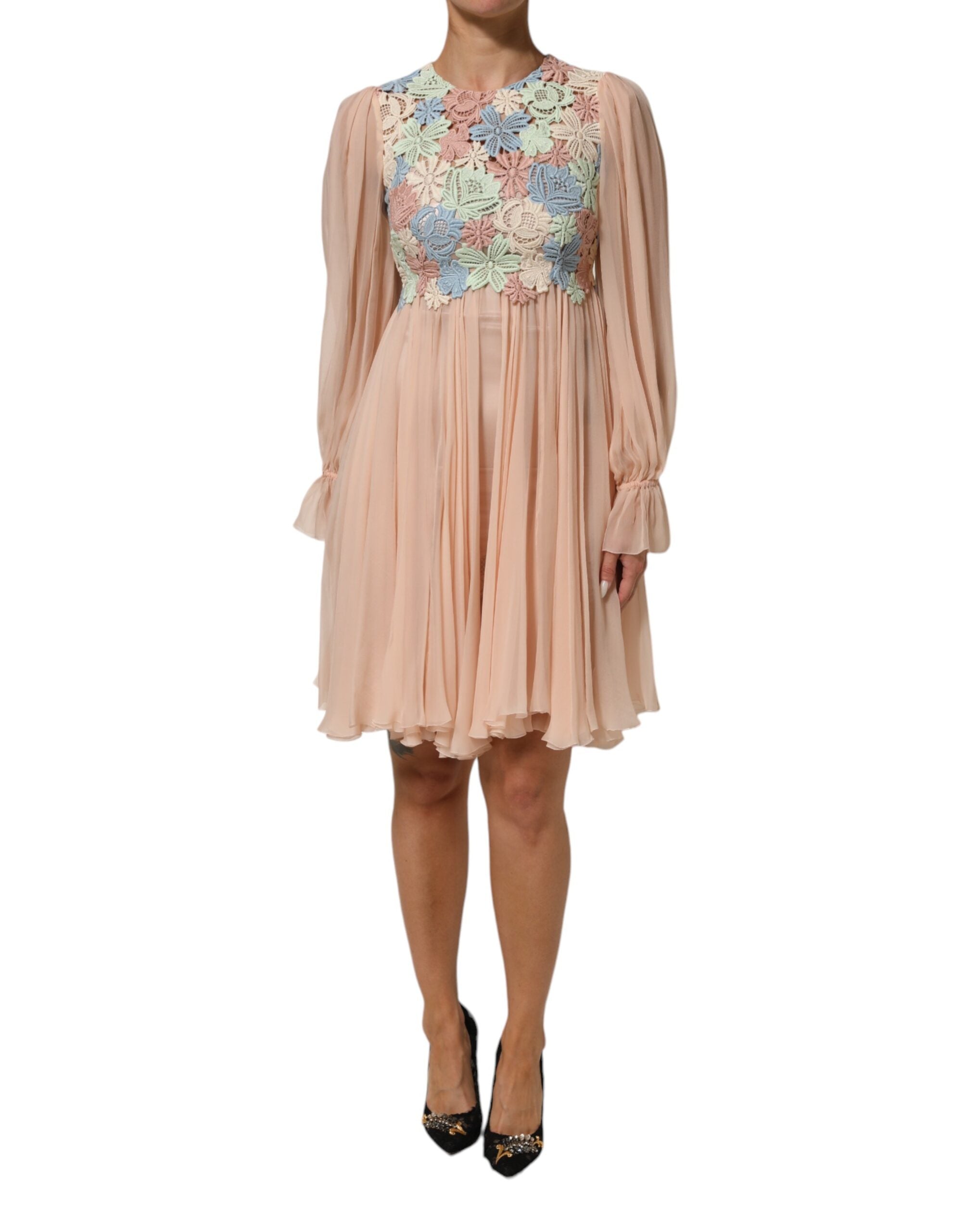 Robe trapèze plissée à broderies florales roses Dolce & Gabbana