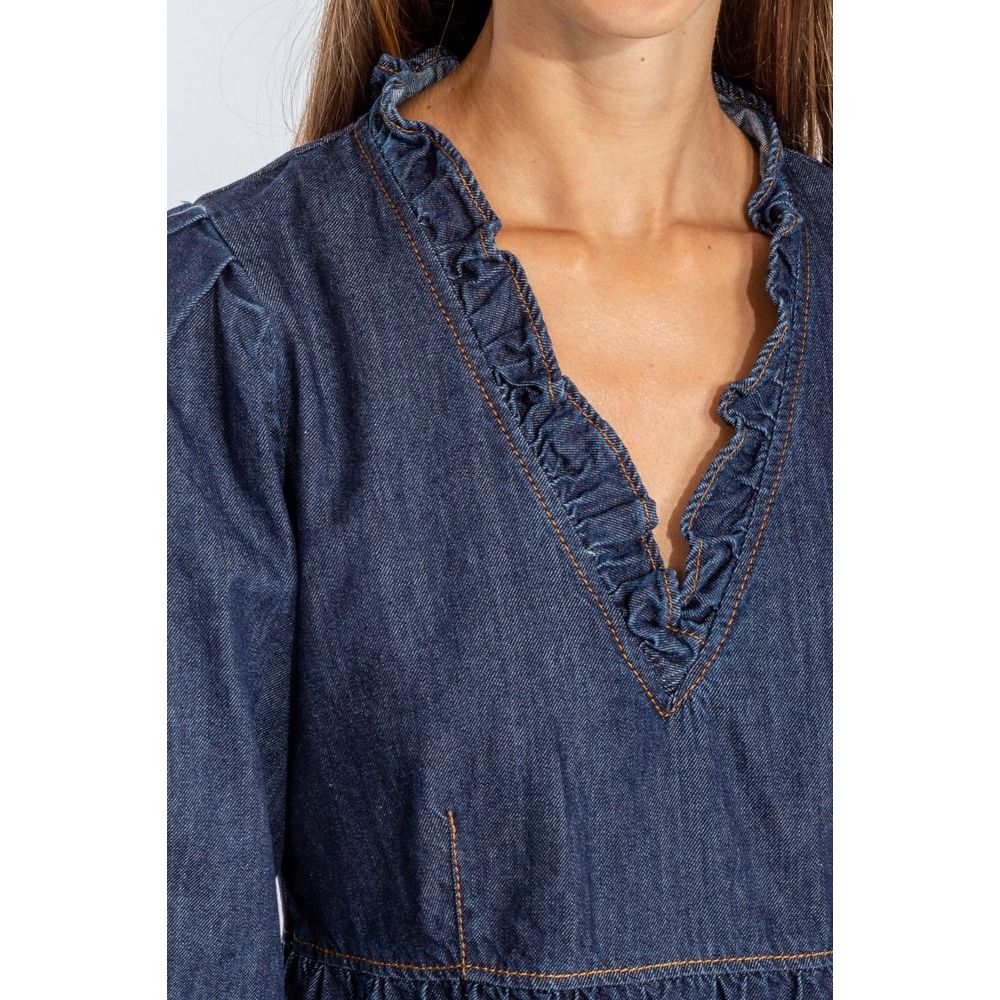 Close-up of Love Moschino denim dress with ruffled V-neck and detailed stitching