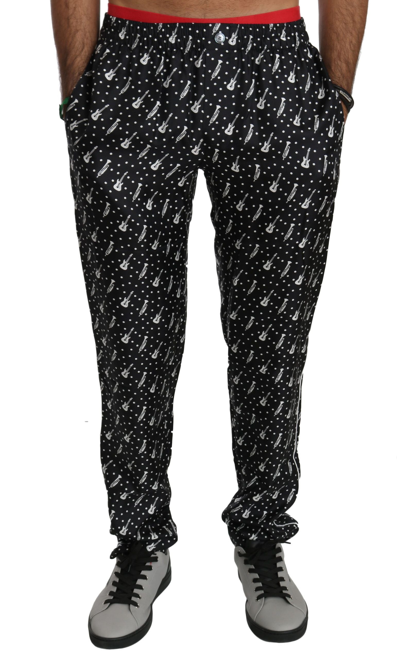 Dolce &amp; Gabbana Elegante schwarze Seidenhose mit Musikinstrumenten-Print