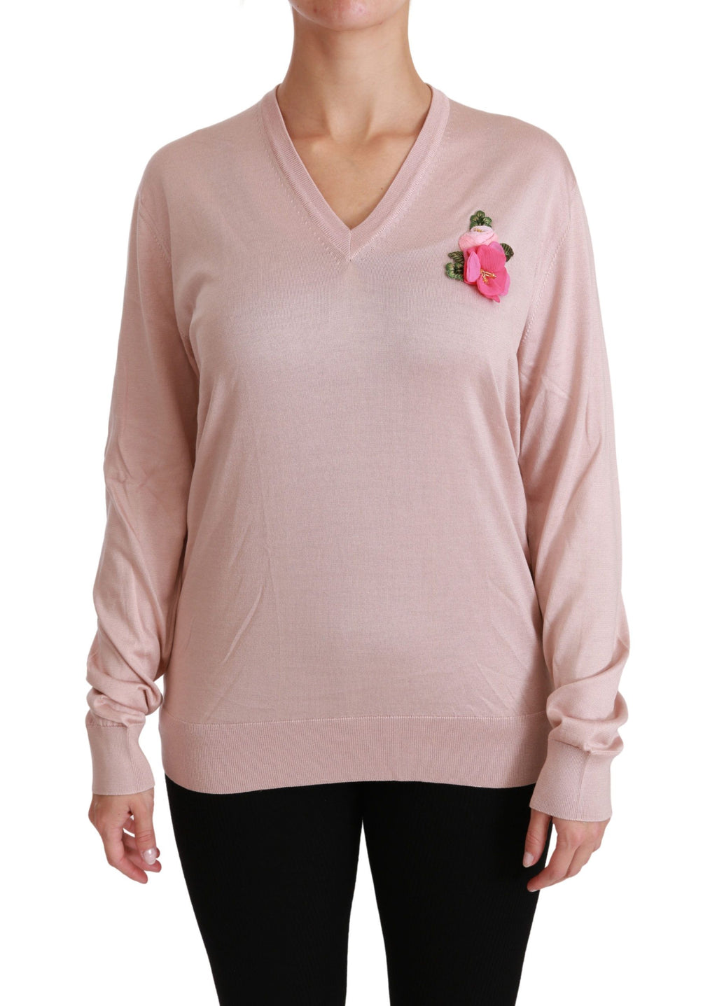 Dolce &amp; Gabbana – Rosa Seidenpullover mit V-Ausschnitt und Blumenmuster