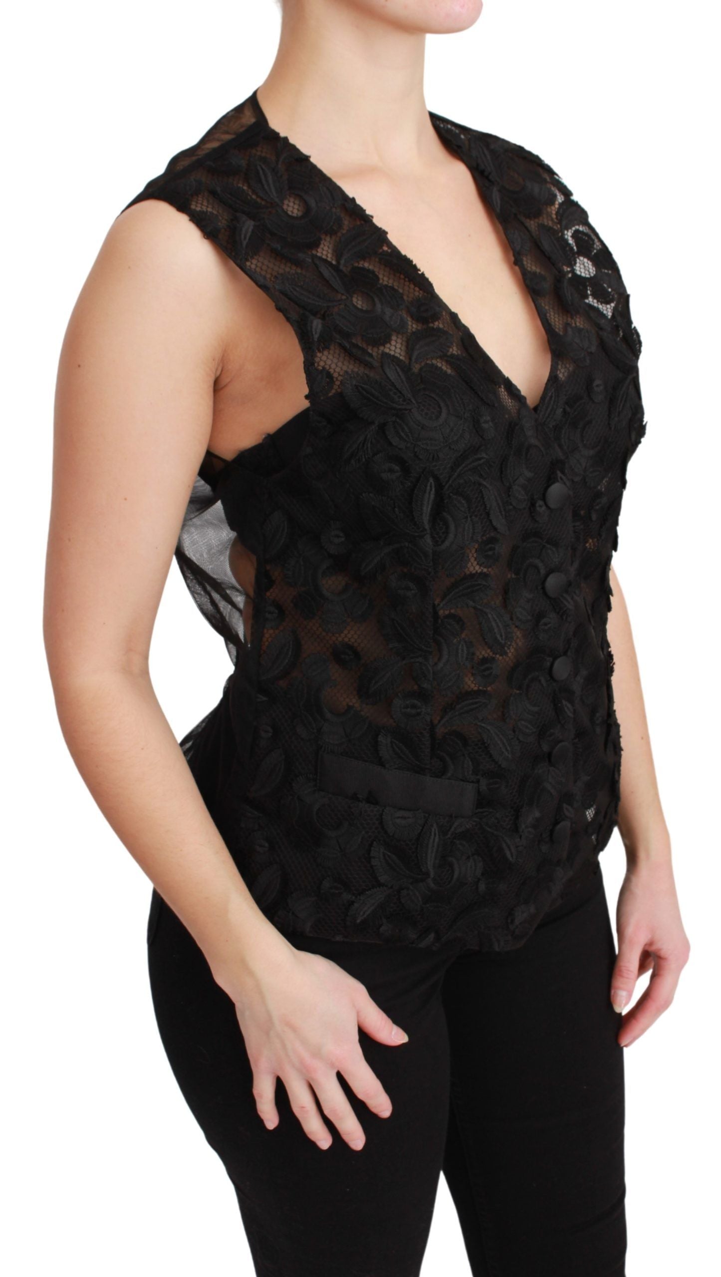 Dolce &amp; Gabbana Élégant gilet en soie mélangée noire à fleurs