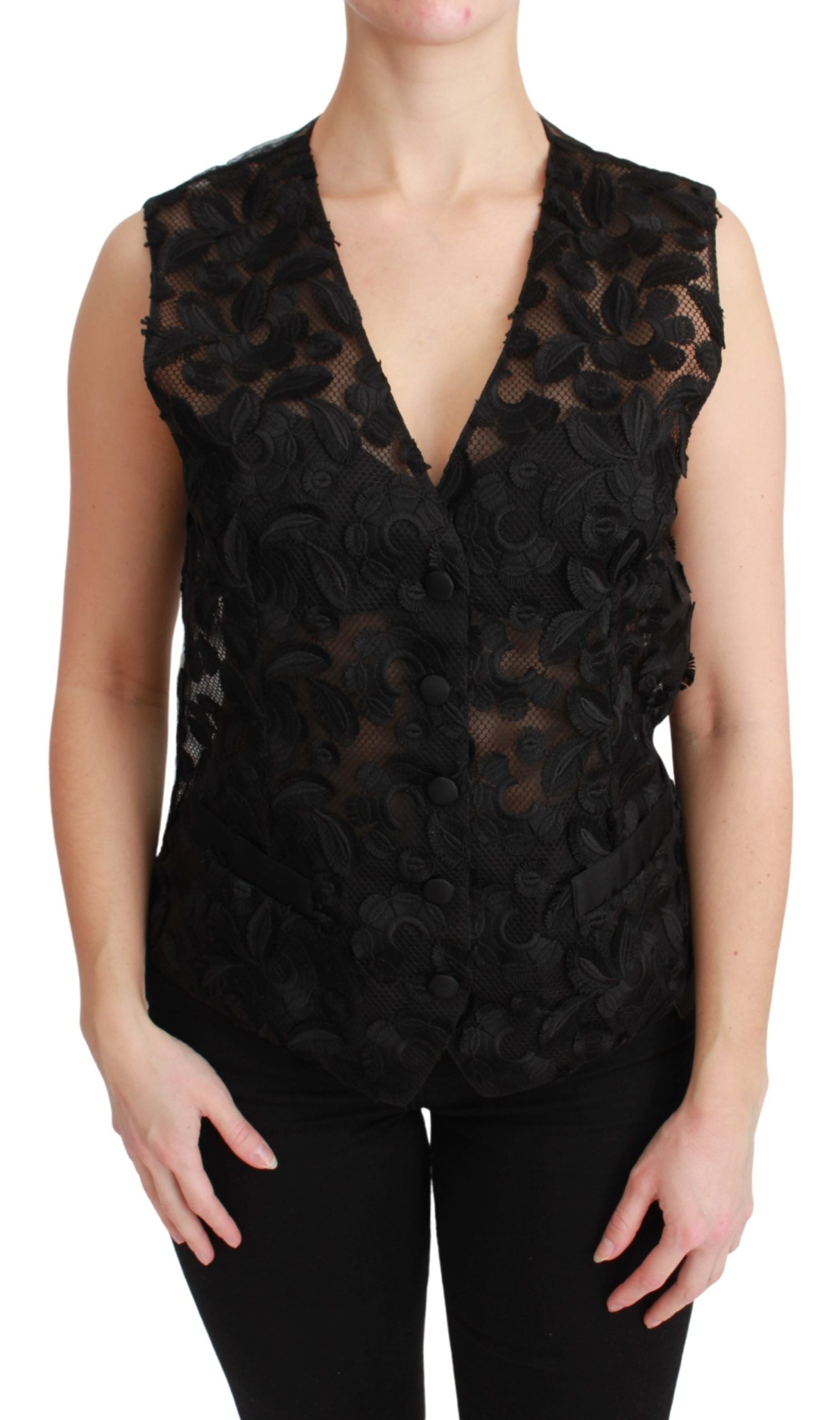 Dolce &amp; Gabbana Élégant gilet en soie mélangée noire à fleurs