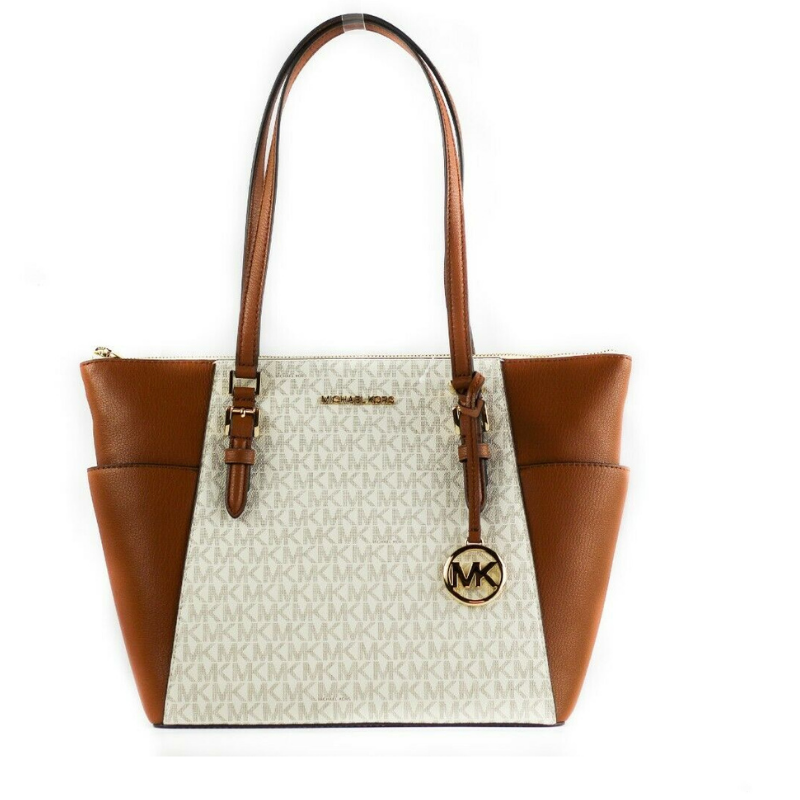Sac fourre-tout Michael Kors Charlotte Signature en cuir, grand format, zippé sur le dessus (vanille)