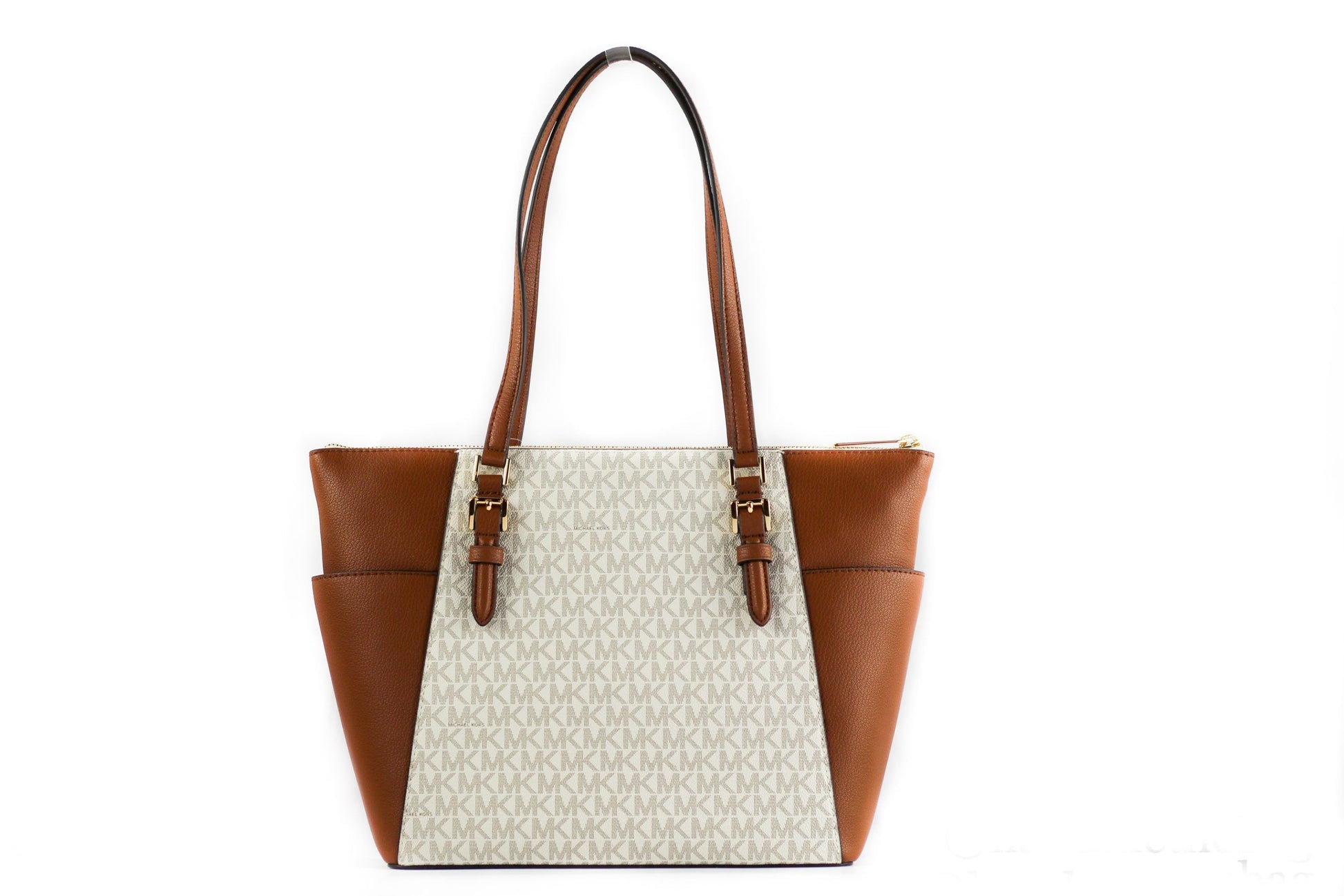 Sac fourre-tout Michael Kors Charlotte Signature en cuir, grand format, zippé sur le dessus (vanille)