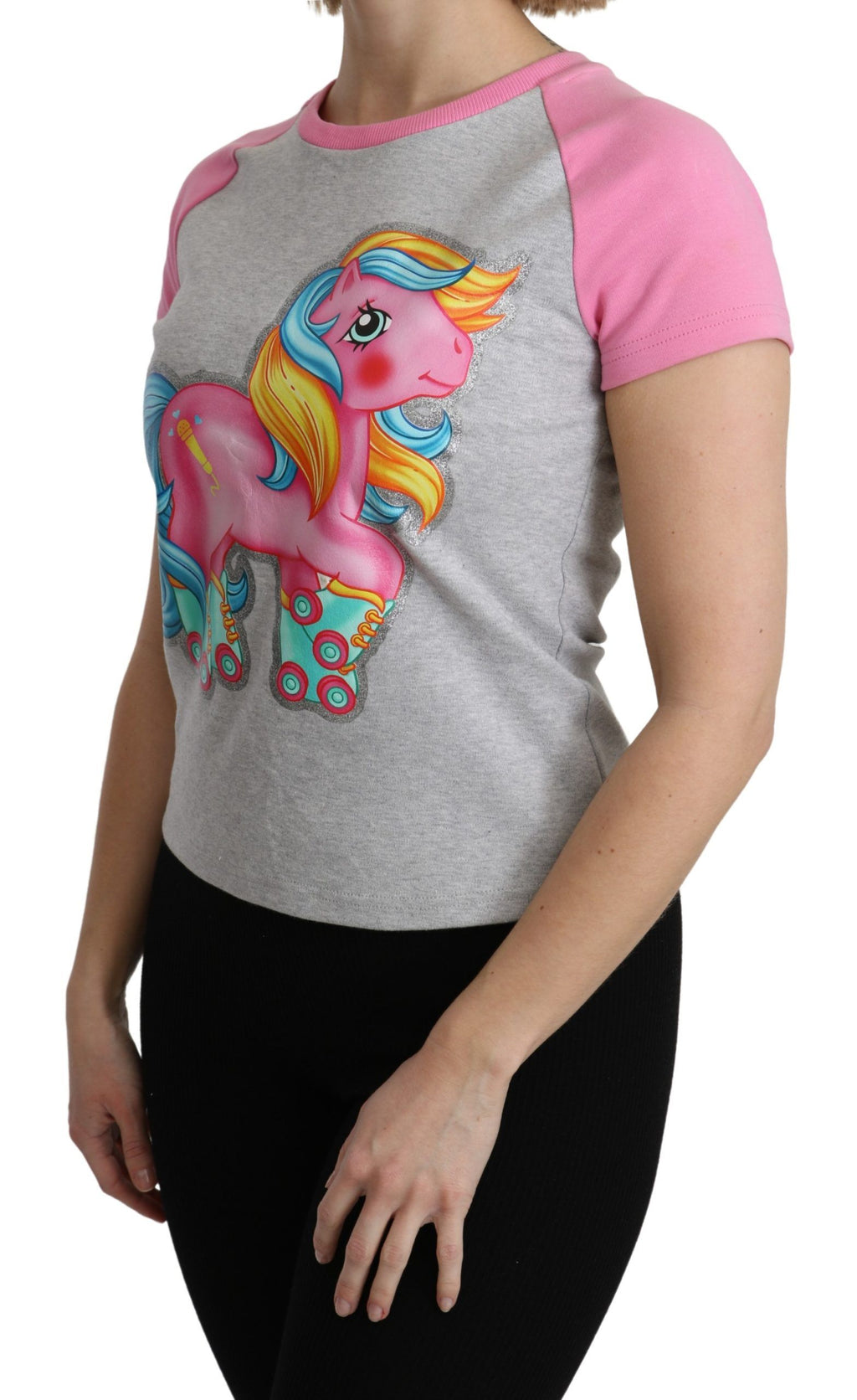 T-shirt ras du cou gris en coton Moschino Chic avec des touches de rose