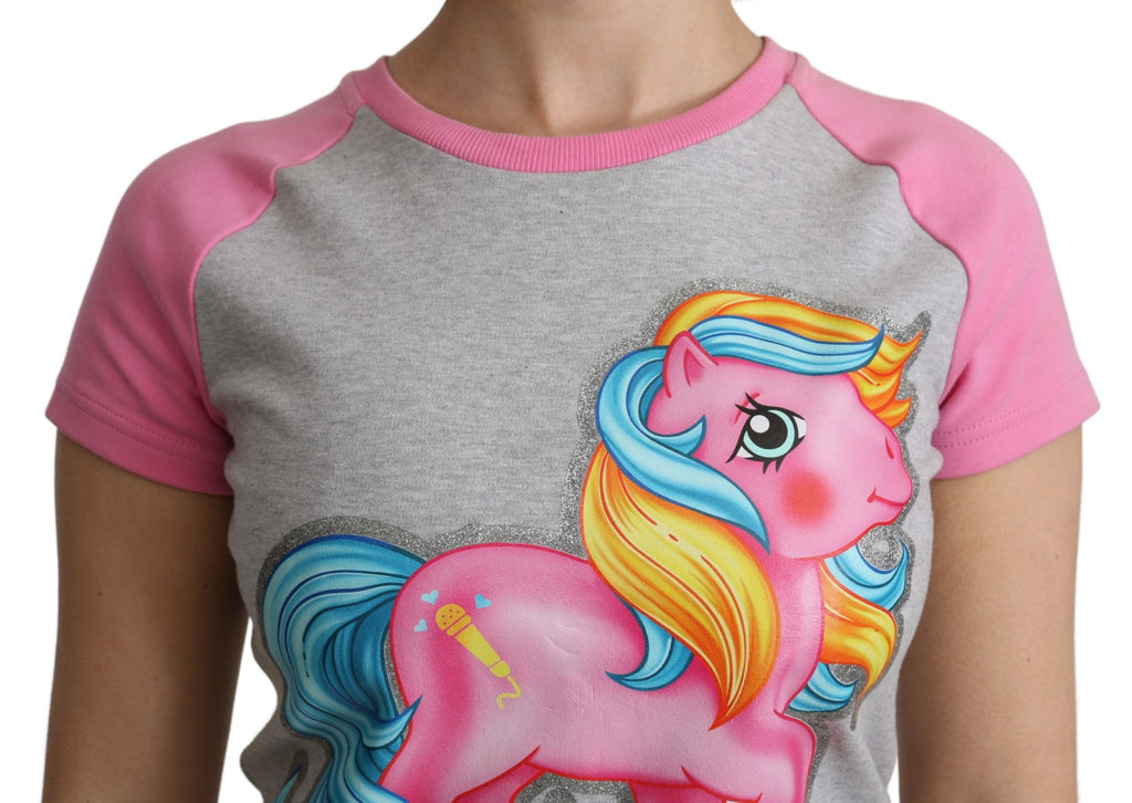 T-shirt ras du cou gris en coton Moschino Chic avec des touches de rose