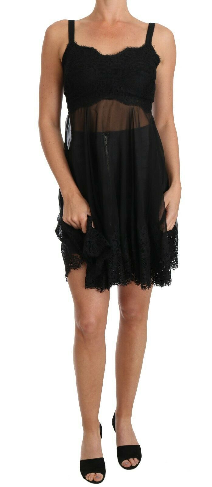 Dolce &amp; Gabbana – Elegantes schwarzes Chemise-Kleid aus geblümter Seide und Spitze