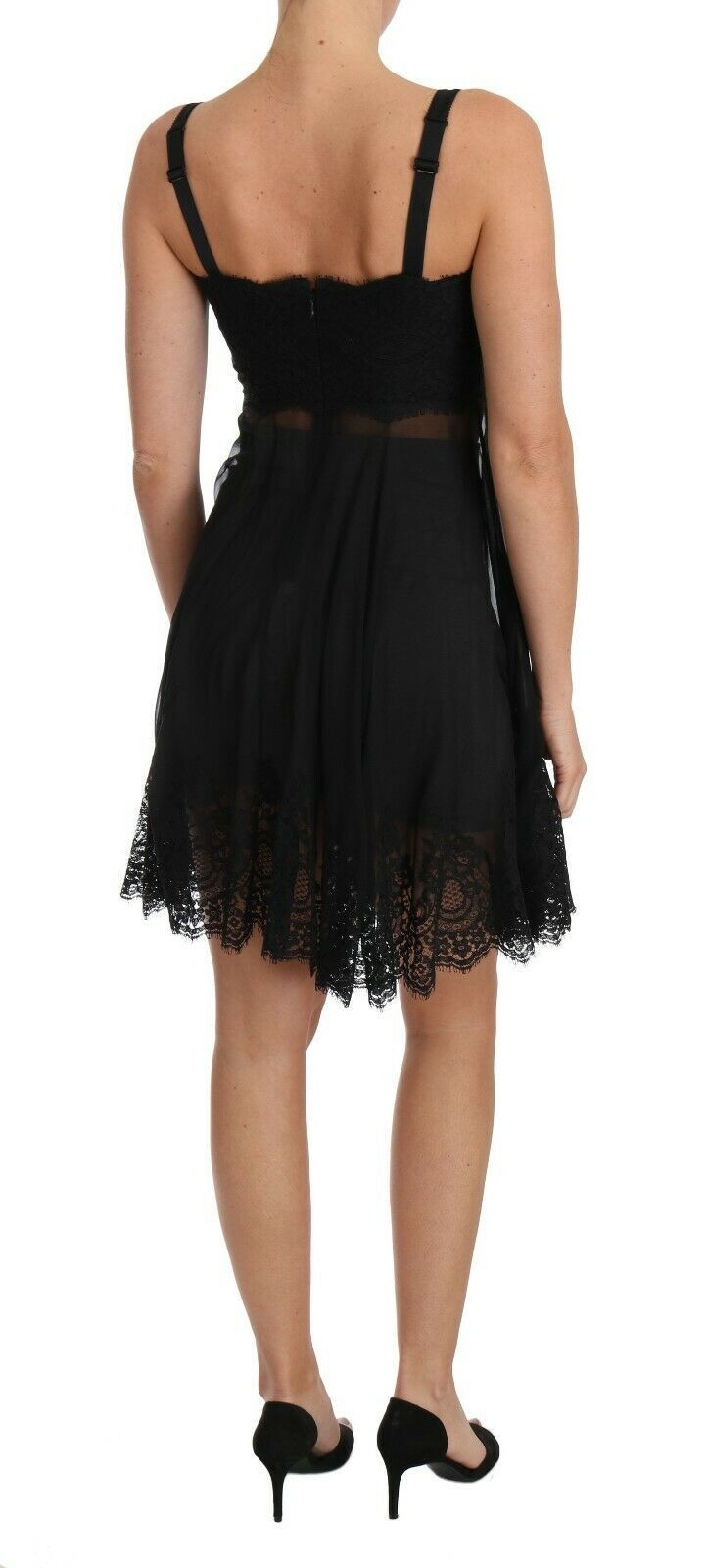 Dolce &amp; Gabbana – Elegantes schwarzes Chemise-Kleid aus geblümter Seide und Spitze
