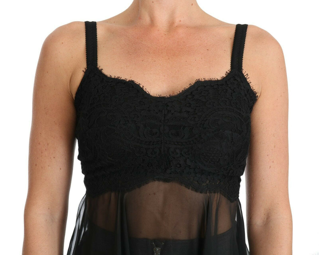 Dolce &amp; Gabbana – Elegantes schwarzes Chemise-Kleid aus geblümter Seide und Spitze