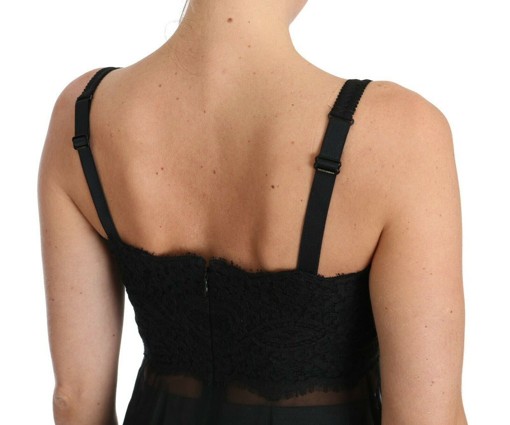 Dolce &amp; Gabbana – Elegantes schwarzes Chemise-Kleid aus geblümter Seide und Spitze