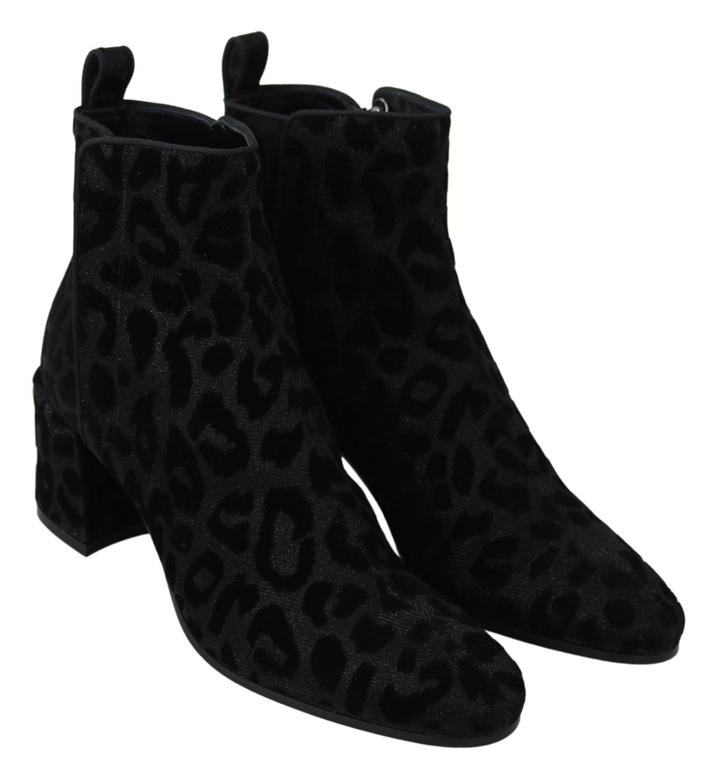 Dolce &amp; Gabbana Elegante schwarze kurze Stiefel mit Leopardenmuster
