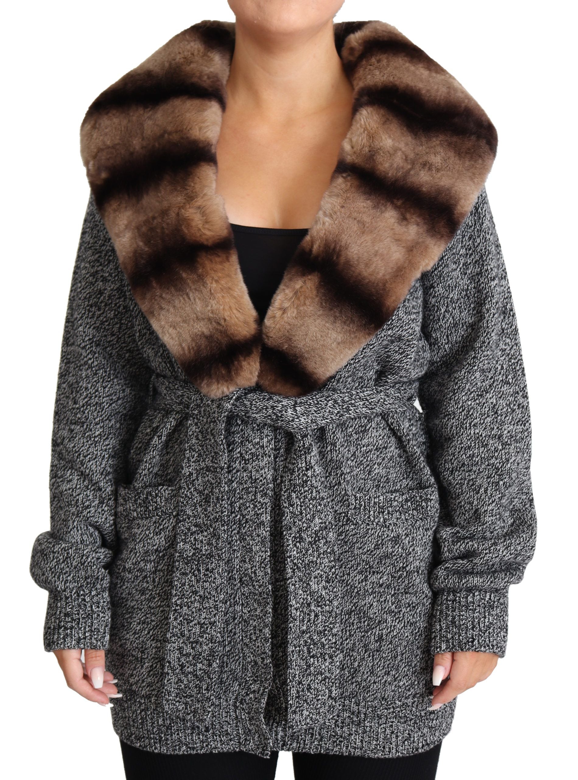Dolce &amp; Gabbana Élégant cardigan en cachemire avec col en fourrure de lapin