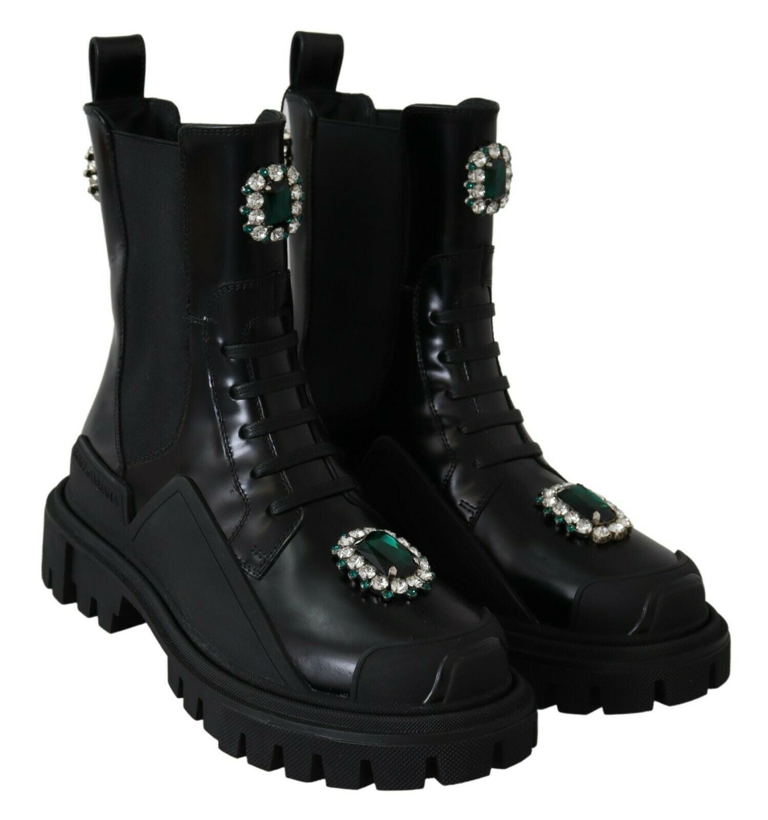 Dolce &amp; Gabbana – Elegante schwarze Kampfstiefel aus Leder mit Kristalldetail