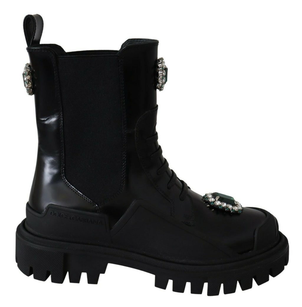 Dolce &amp; Gabbana – Elegante schwarze Kampfstiefel aus Leder mit Kristalldetail