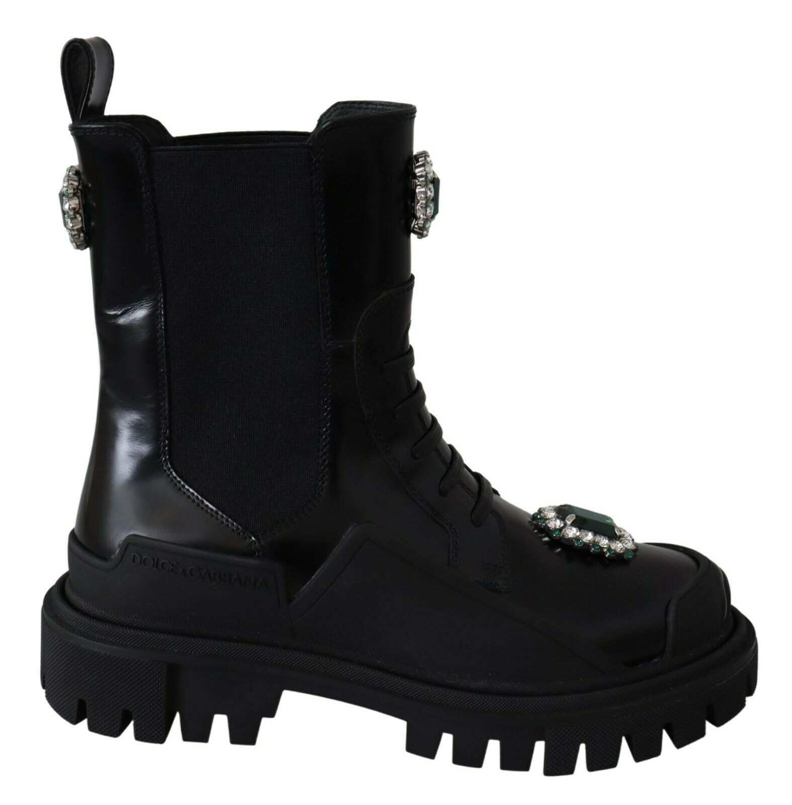Dolce &amp; Gabbana – Elegante schwarze Kampfstiefel aus Leder mit Kristalldetail
