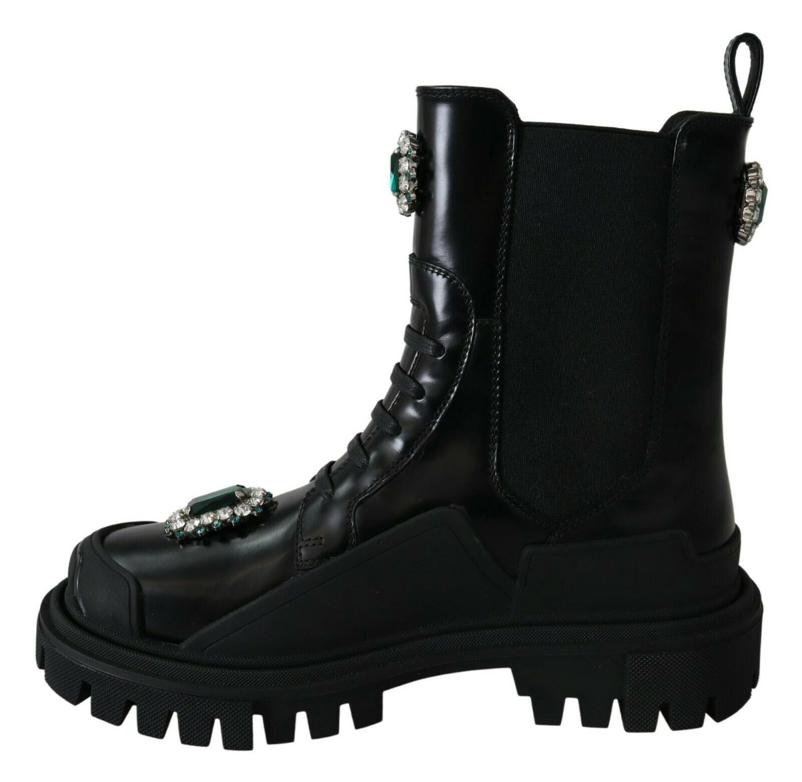 Dolce &amp; Gabbana – Elegante schwarze Kampfstiefel aus Leder mit Kristalldetail