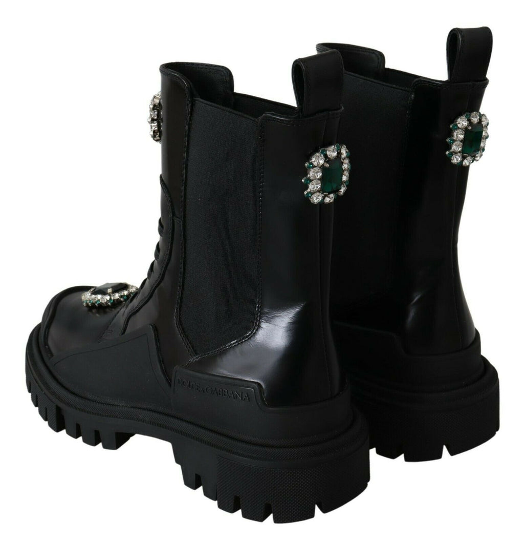 Dolce &amp; Gabbana – Elegante schwarze Kampfstiefel aus Leder mit Kristalldetail