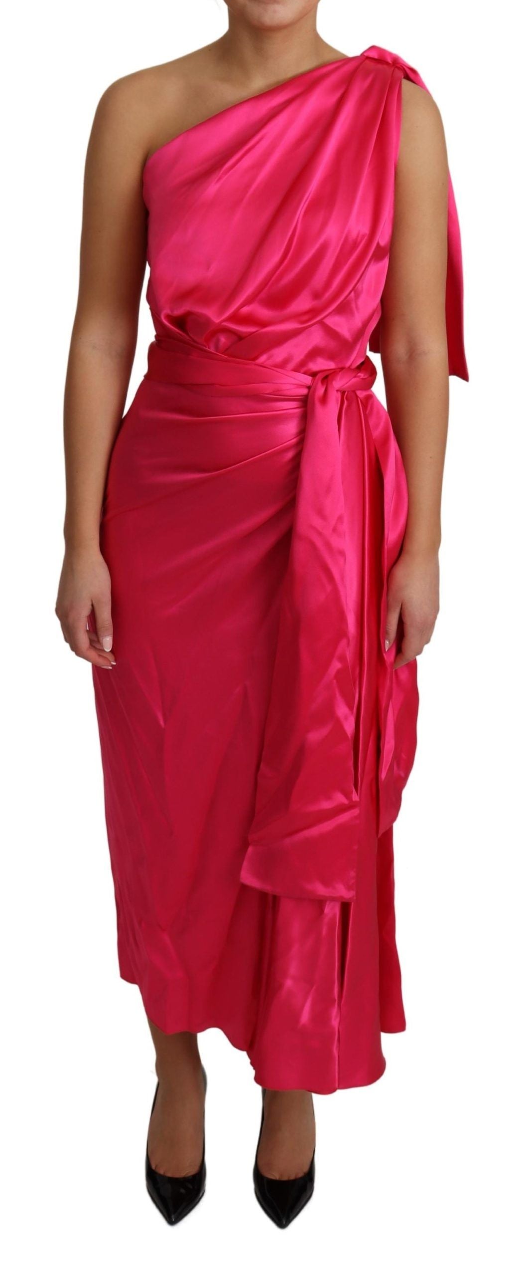 Dolce &amp; Gabbana Elegantes Wickelkleid aus fuchsiafarbener Seide mit One-Shoulder-Träger