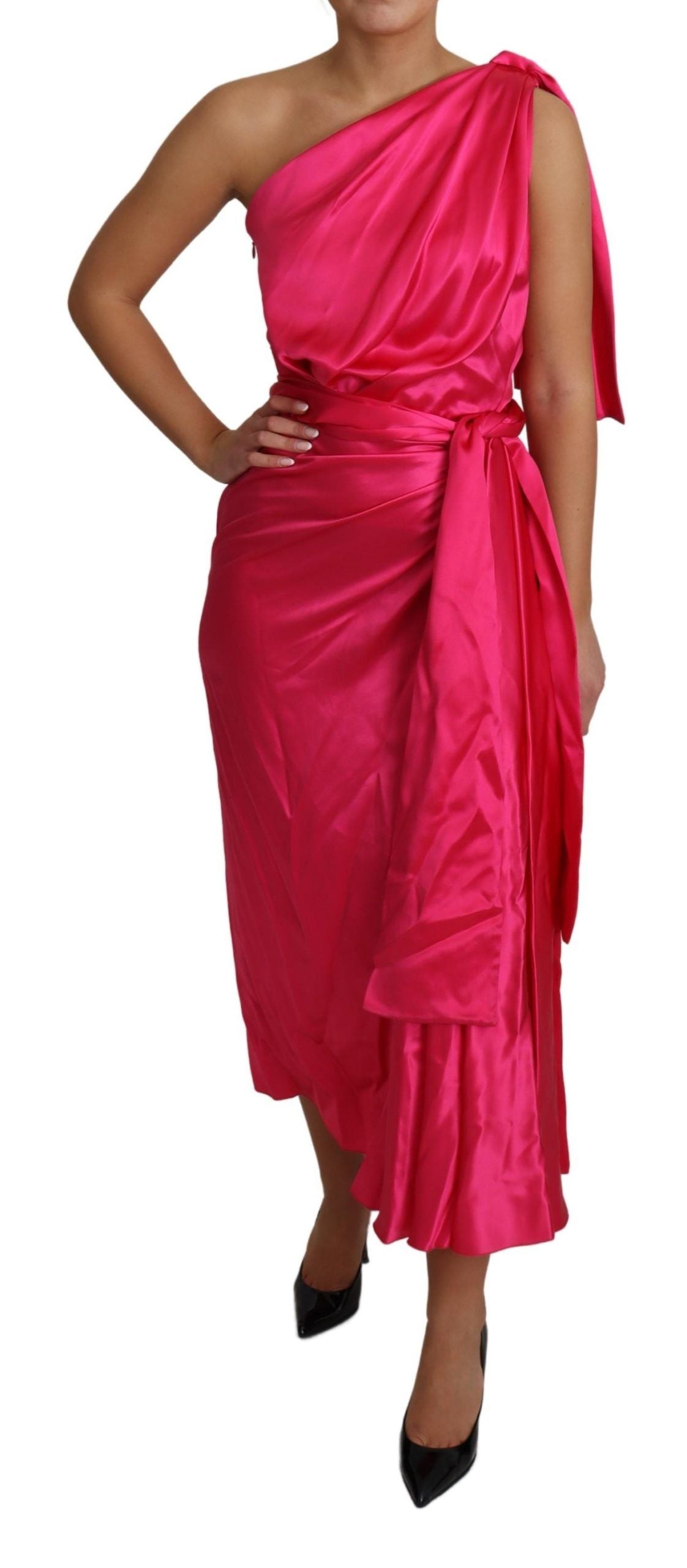Dolce &amp; Gabbana Elegantes Wickelkleid aus fuchsiafarbener Seide mit One-Shoulder-Träger