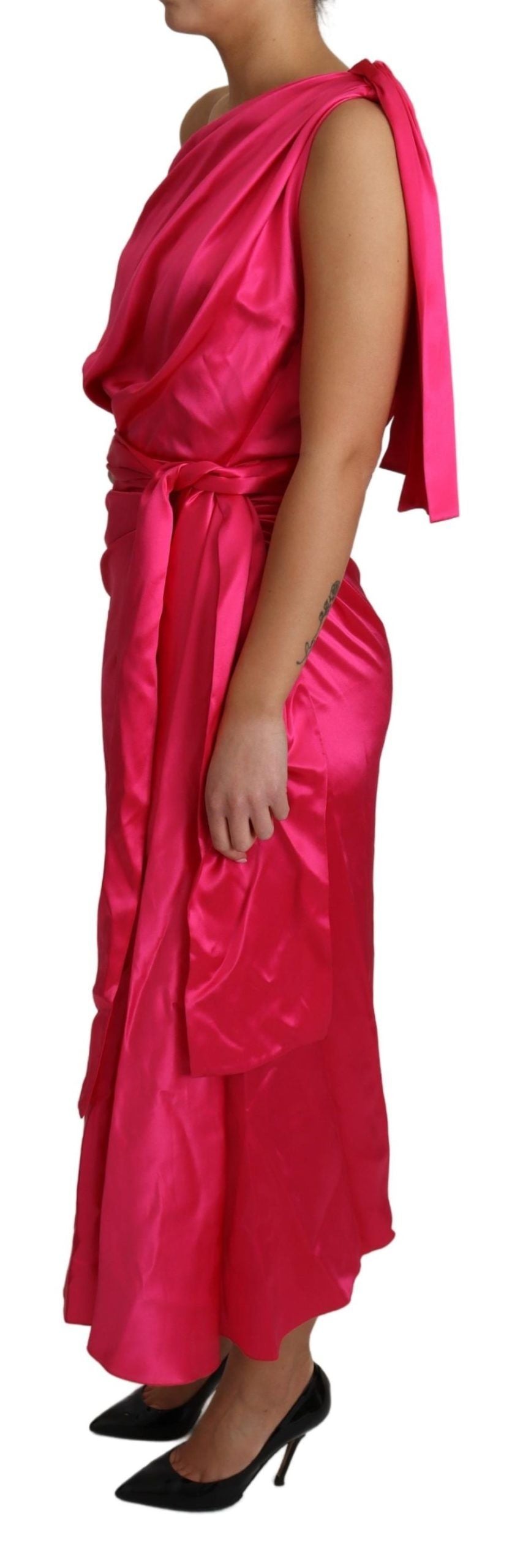 Dolce &amp; Gabbana Elegantes Wickelkleid aus fuchsiafarbener Seide mit One-Shoulder-Träger