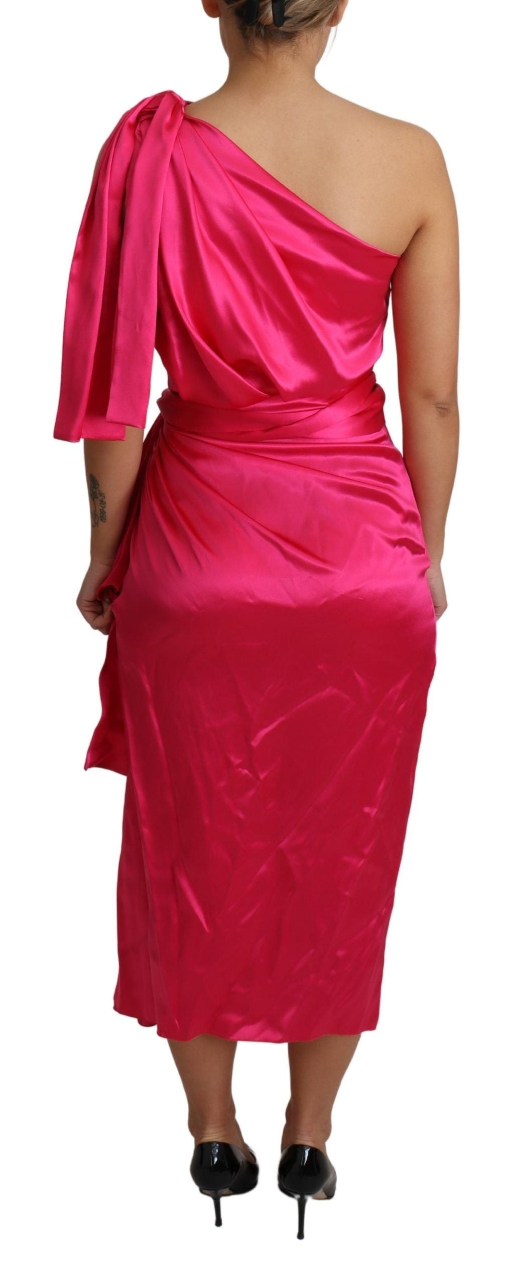 Dolce &amp; Gabbana Elegantes Wickelkleid aus fuchsiafarbener Seide mit One-Shoulder-Träger