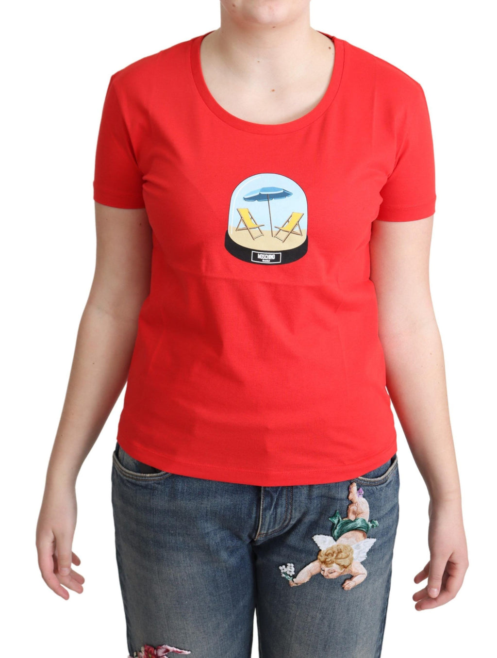 T-shirt en coton rouge Moschino Chic avec imprimé signature