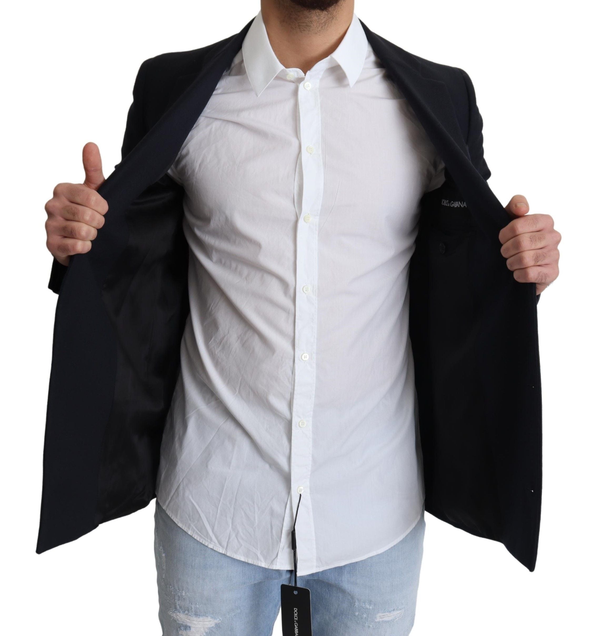 Dolce &amp; Gabbana Élégant manteau en laine vierge bleu foncé pour homme