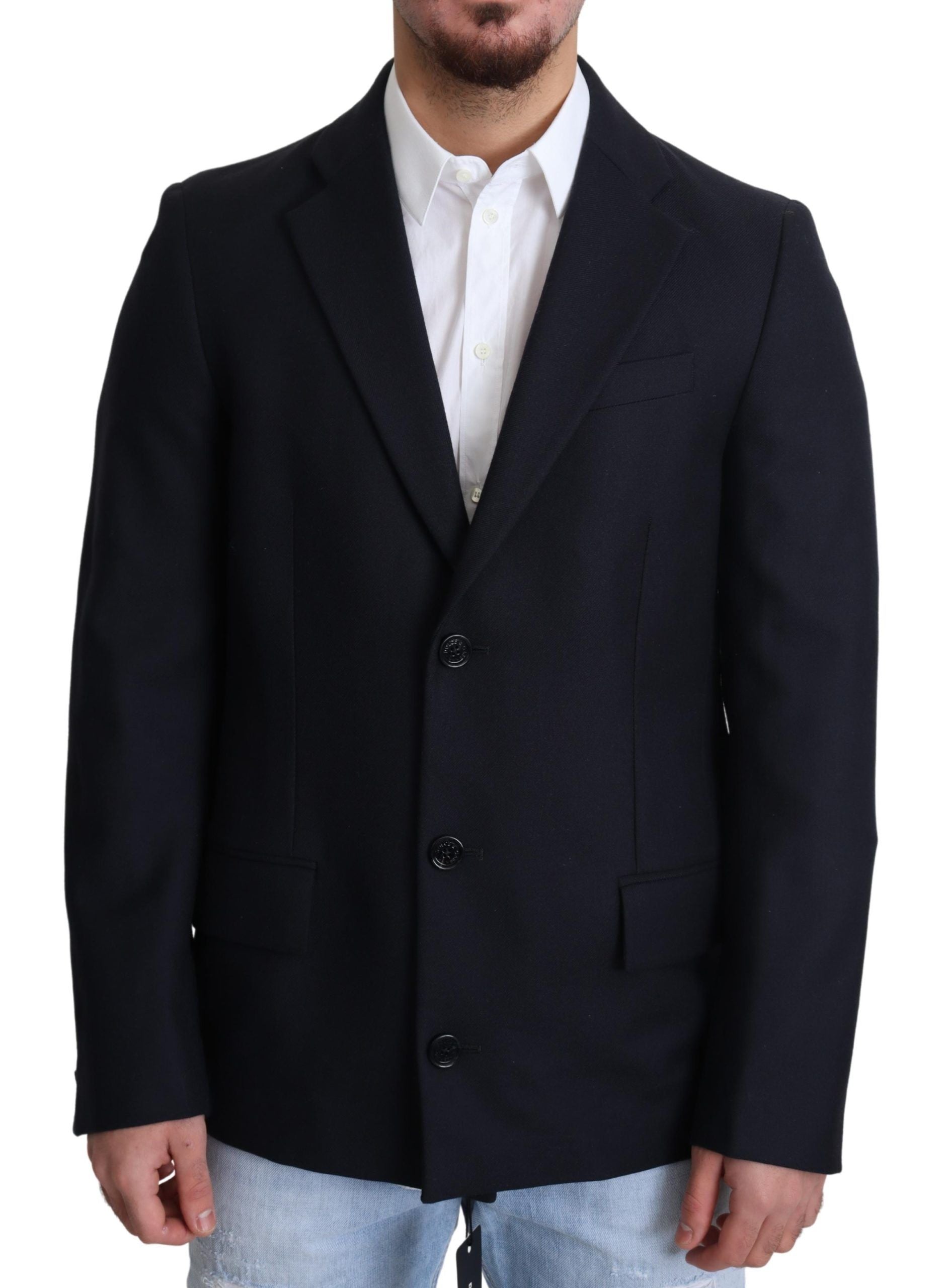 Dolce &amp; Gabbana Élégant manteau en laine vierge bleu foncé pour homme