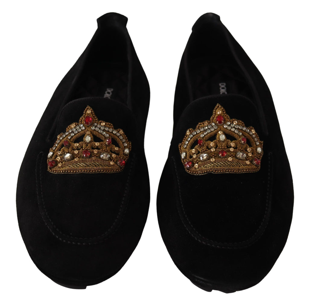 Mocassins élégants Dolce &amp; Gabbana en cuir noir avec broderies dorées