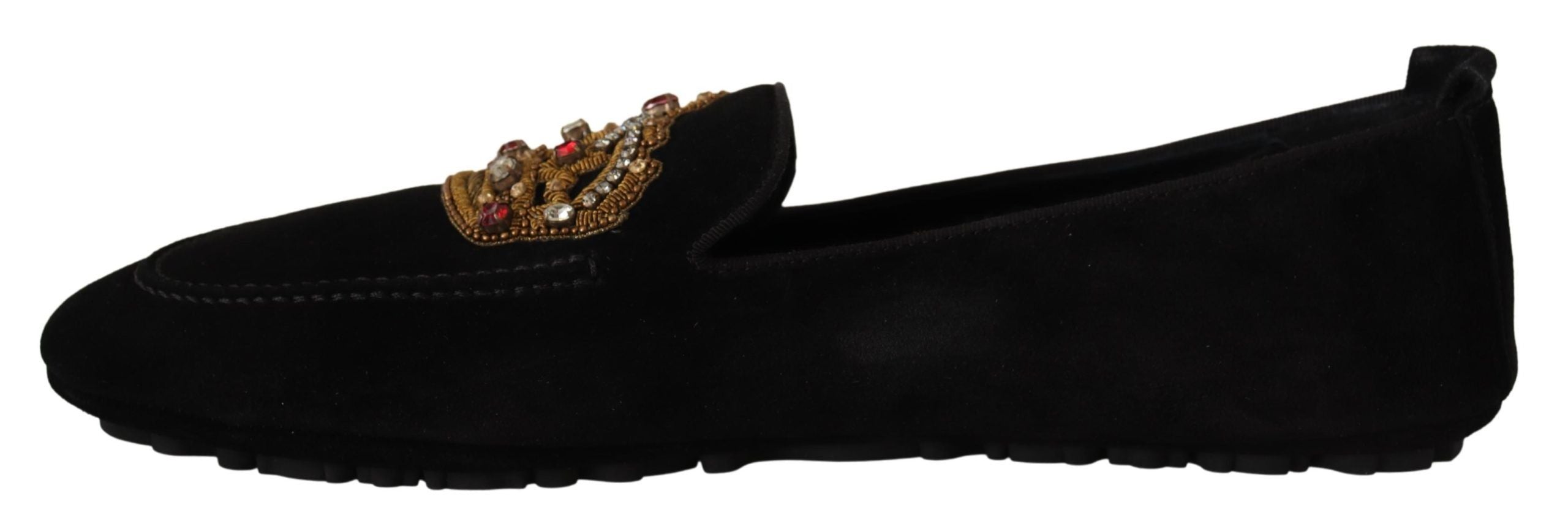 Mocassins élégants Dolce &amp; Gabbana en cuir noir avec broderies dorées