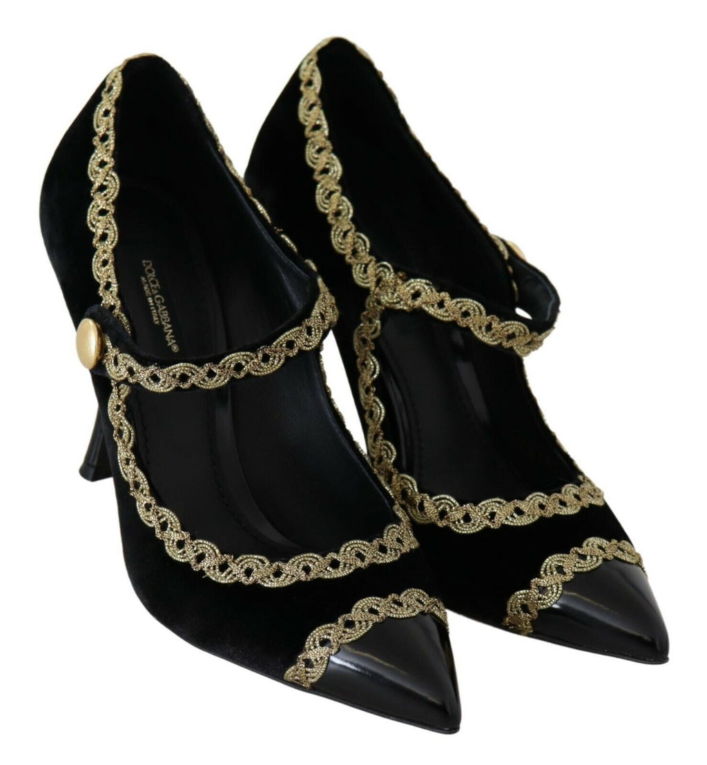 Dolce &amp; Gabbana Elegante Pumps aus schwarzem Samt mit Goldstickerei