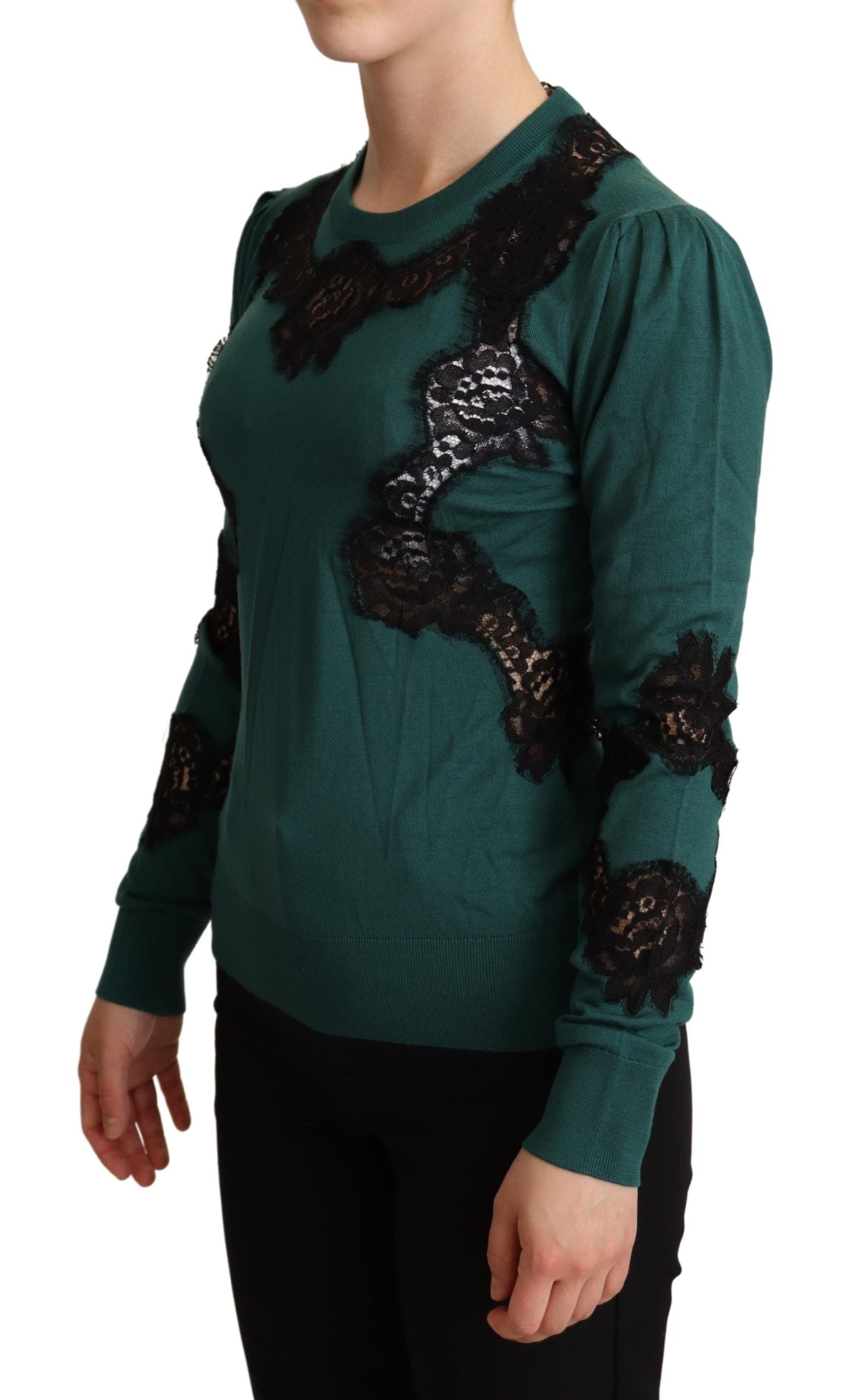Dolce &amp; Gabbana Eleganter grüner Pullover mit schwarzem Spitzendetail