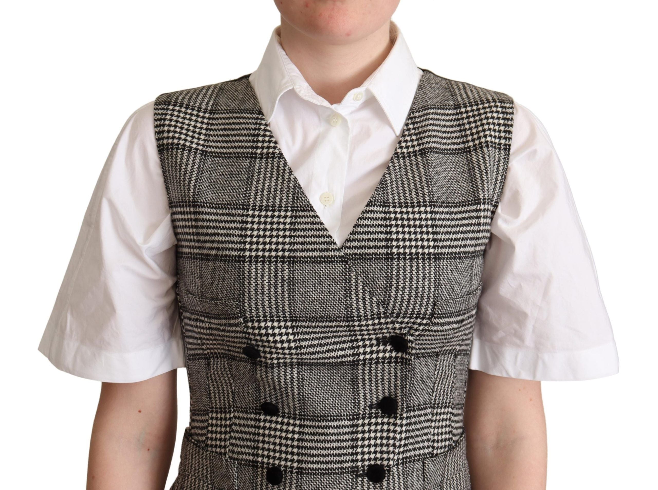 Dolce &amp; Gabbana Élégant gilet en soie mélangée grise à carreaux