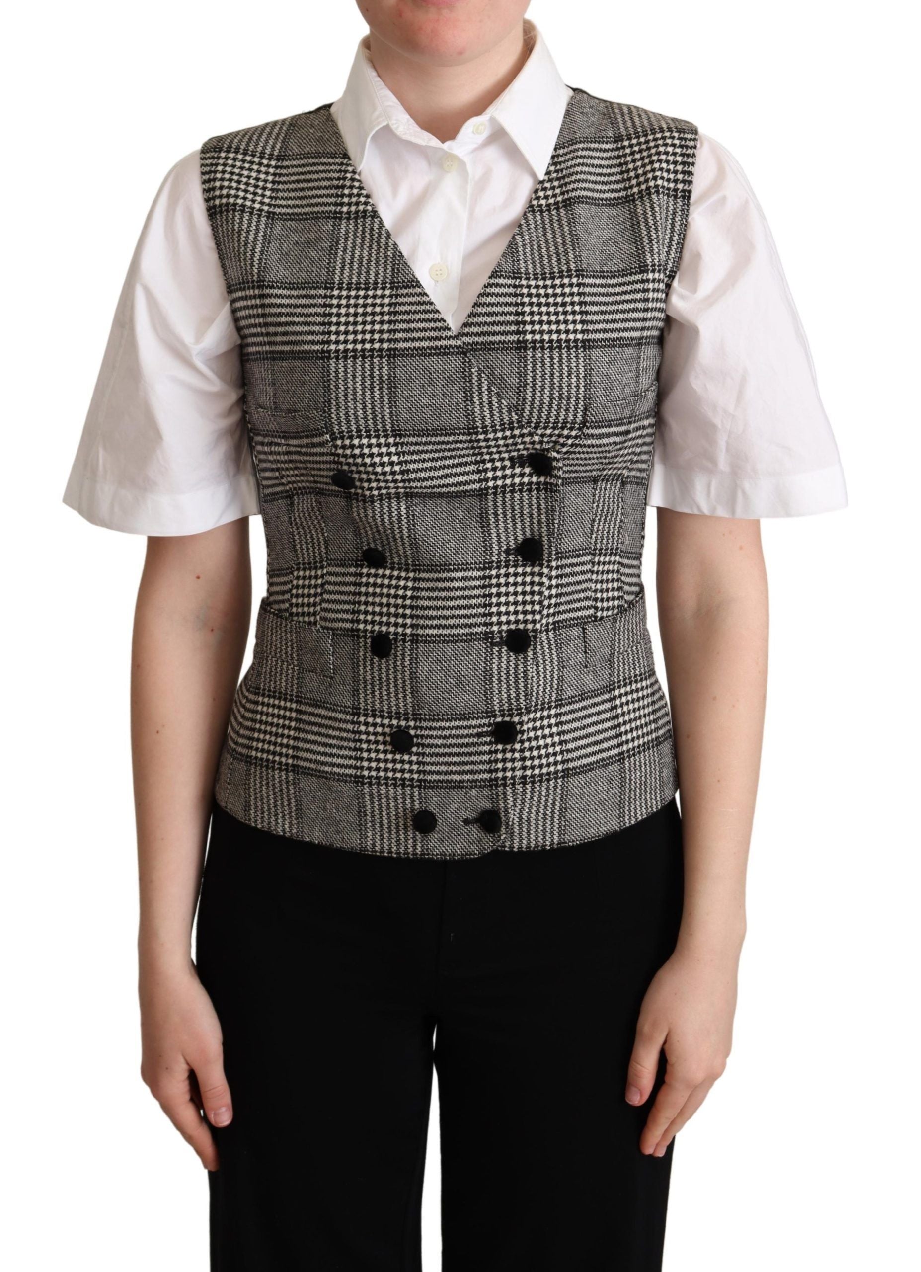 Dolce &amp; Gabbana Élégant gilet en soie mélangée grise à carreaux
