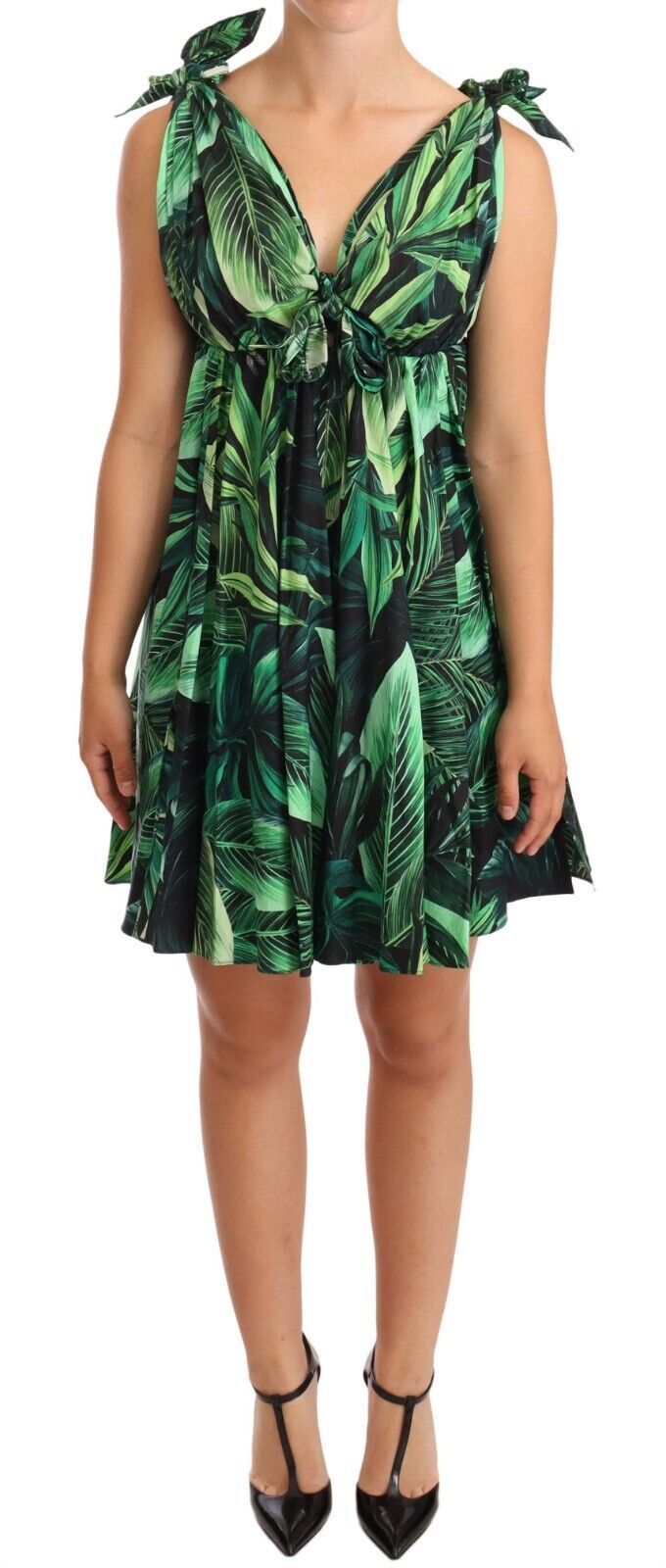 Robe trapèze évasée élégante Dolce &amp; Gabbana à imprimé feuilles vertes