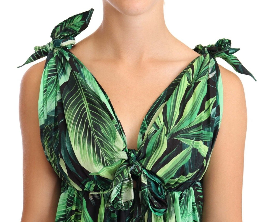 Robe trapèze évasée élégante Dolce &amp; Gabbana à imprimé feuilles vertes